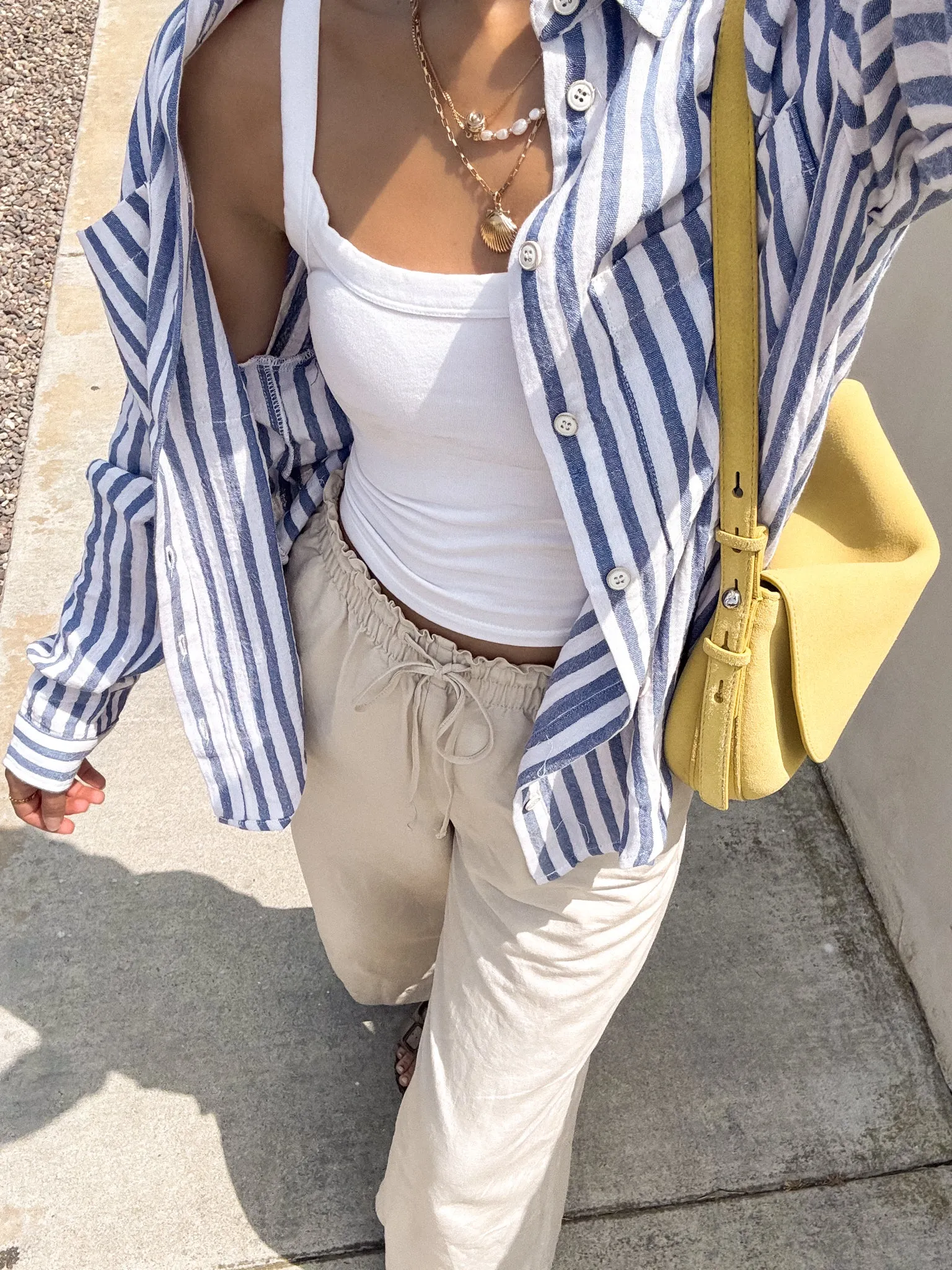 Close Call Stripe Button Down in Denim - Final Sale QuickDry Weave