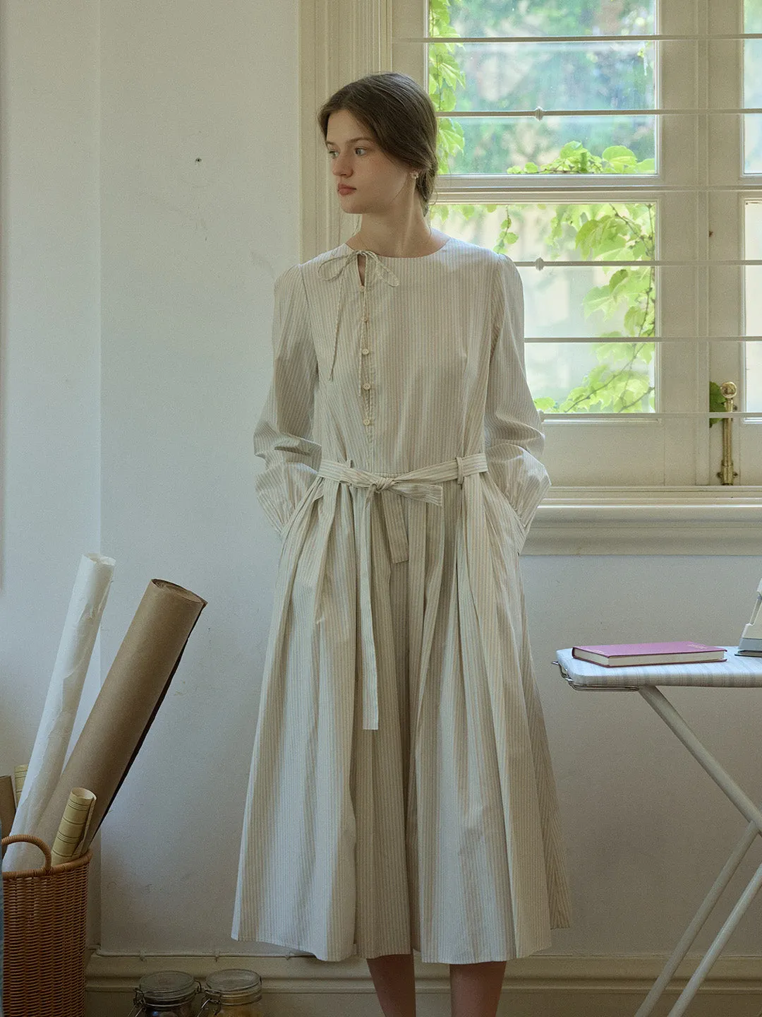 Marie Round Neck Bow Front Button Striped A-Line Dress Work-Ready Look