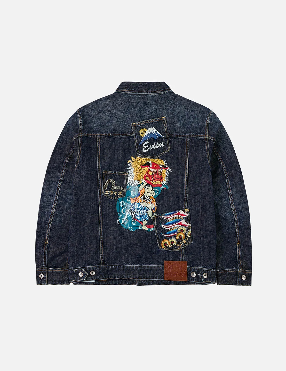 DoubleStitchedSeams Subtle Texture Weave Washed Multi-Pocket with Lion Dance Print Relax Fit Denim Jacket