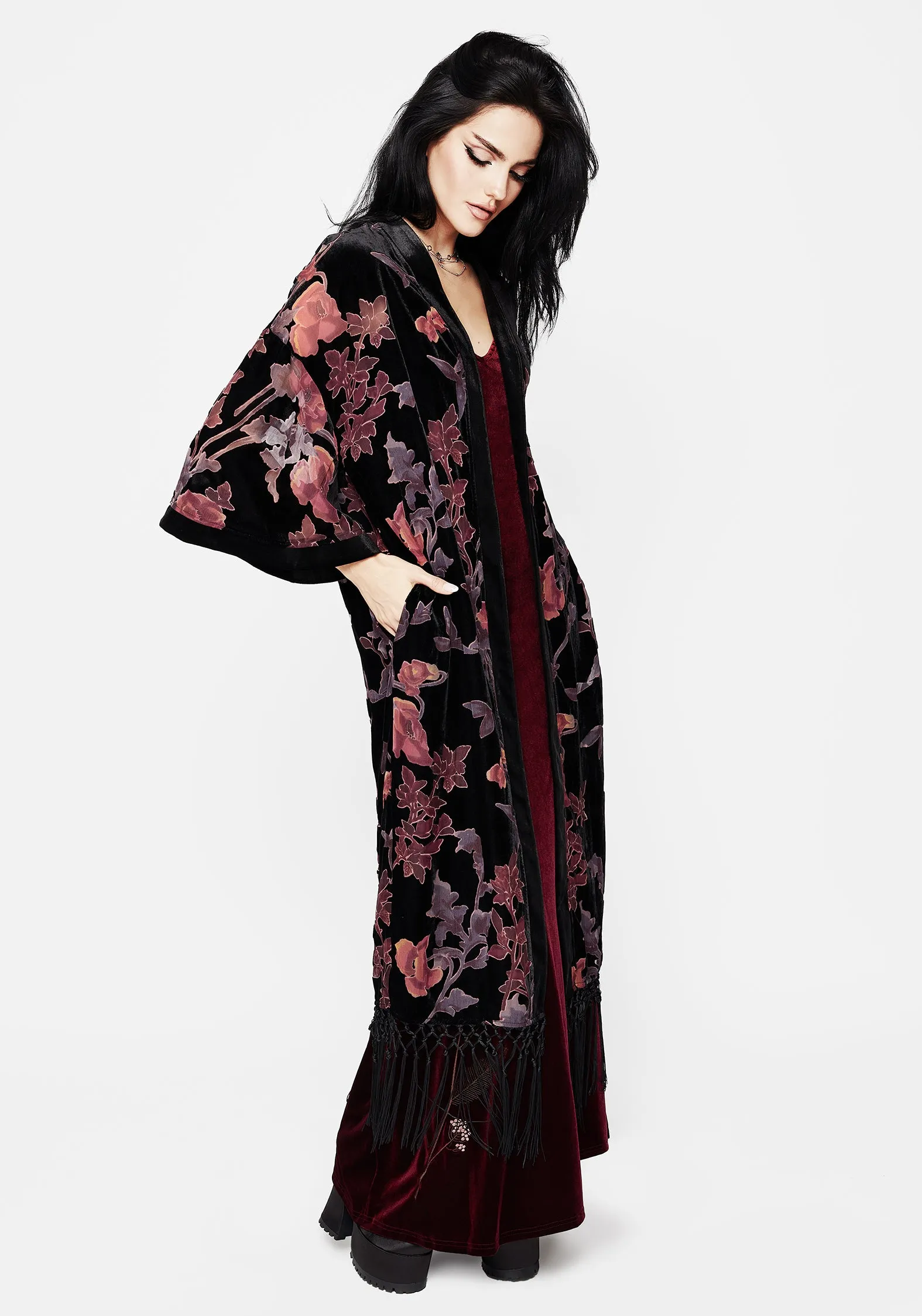 ButterSoft Handfeel Smooth Interior Lining Waterlily Burnout Fringe Trim Longline Kimono