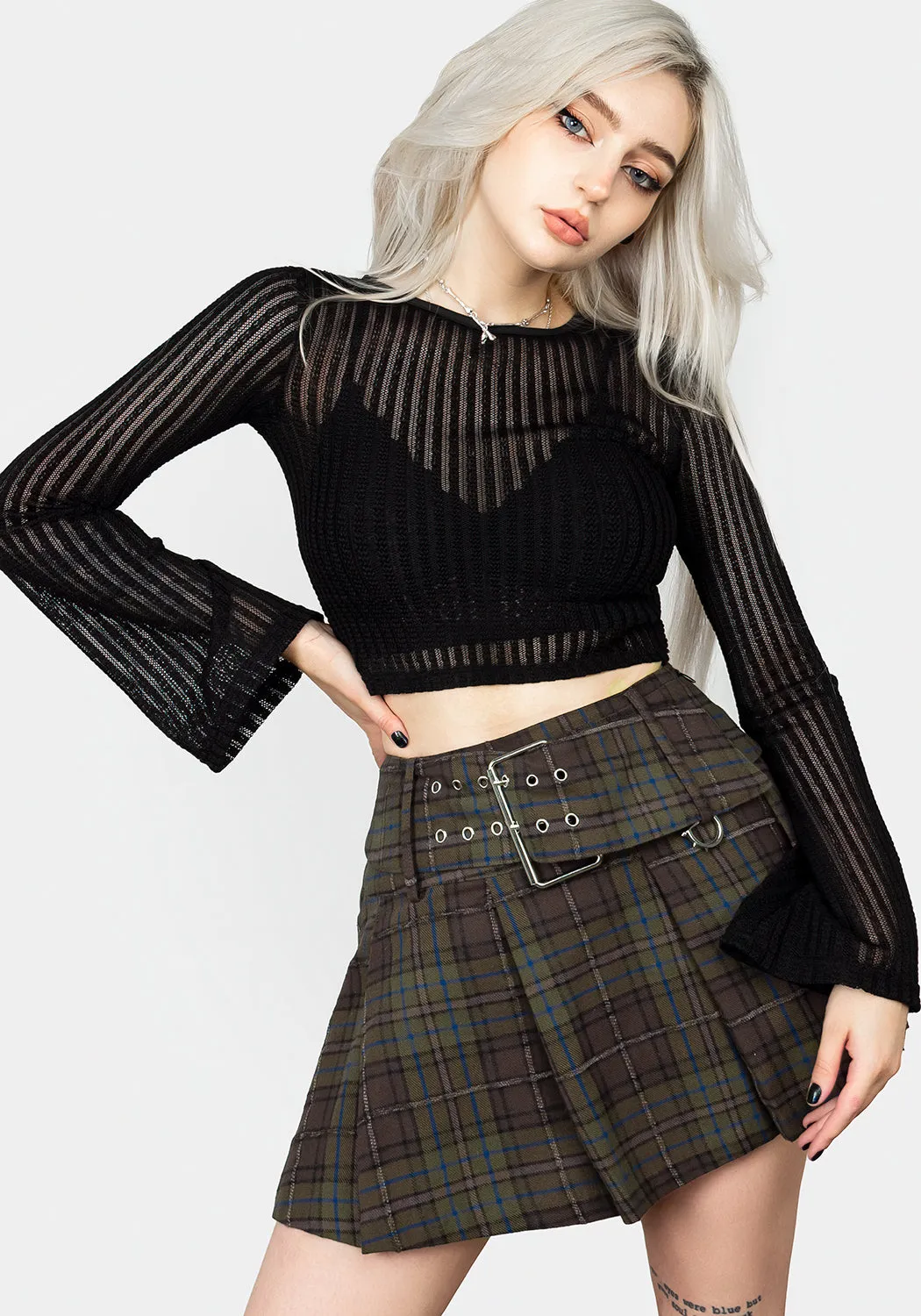 Two Tone Texture Effect AthleticInspired Habundia Flared Sleeve Crop Top