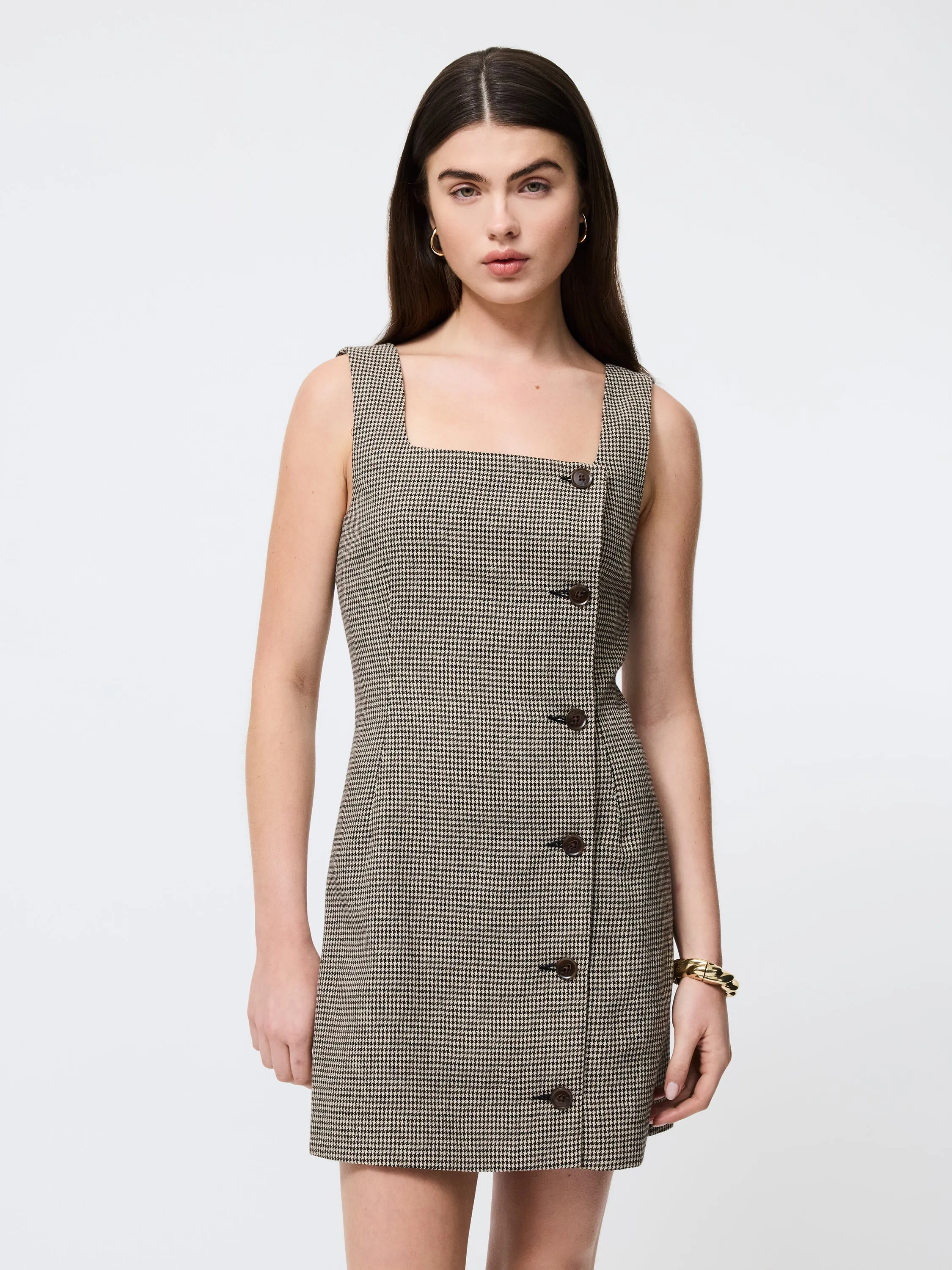 Printed-Fabric Houndstooth Wool Mini Dress
