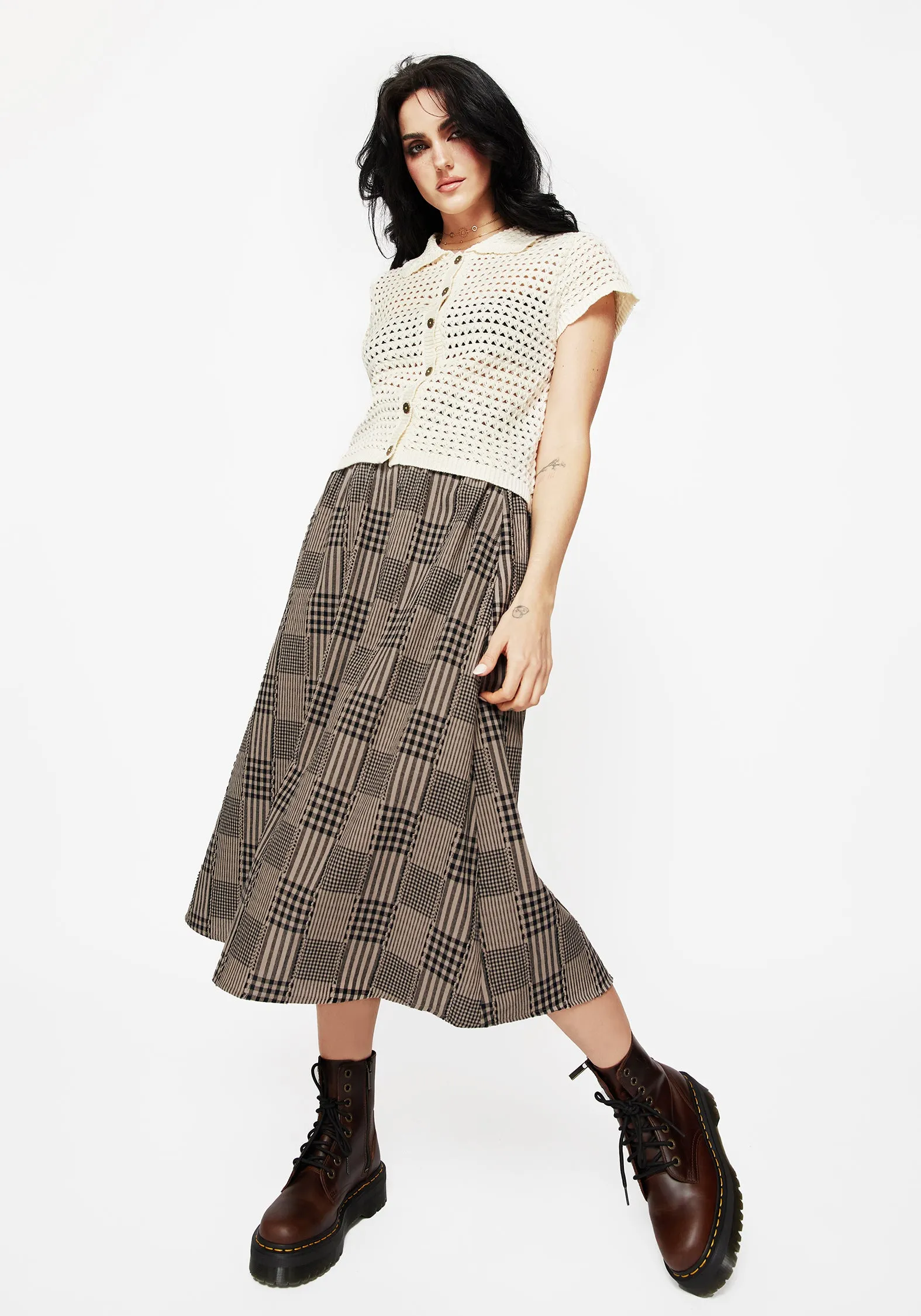 Unique Feature Style Fusion Mabel Check Midi Skirt