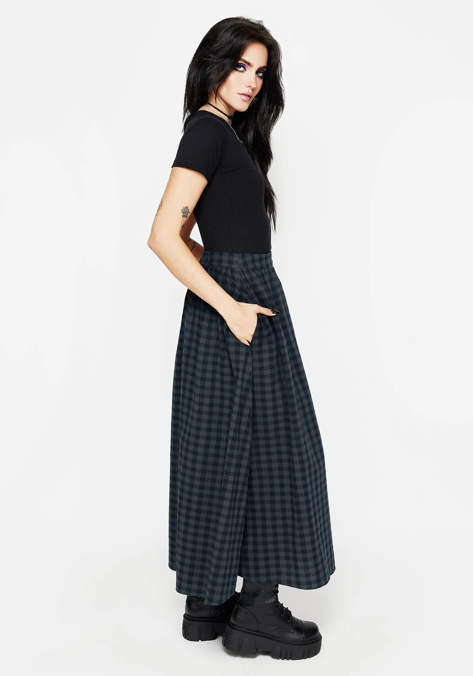 Jeannie Check Cotton Button Up Midaxi Skirt Contoured Waist Personality Style