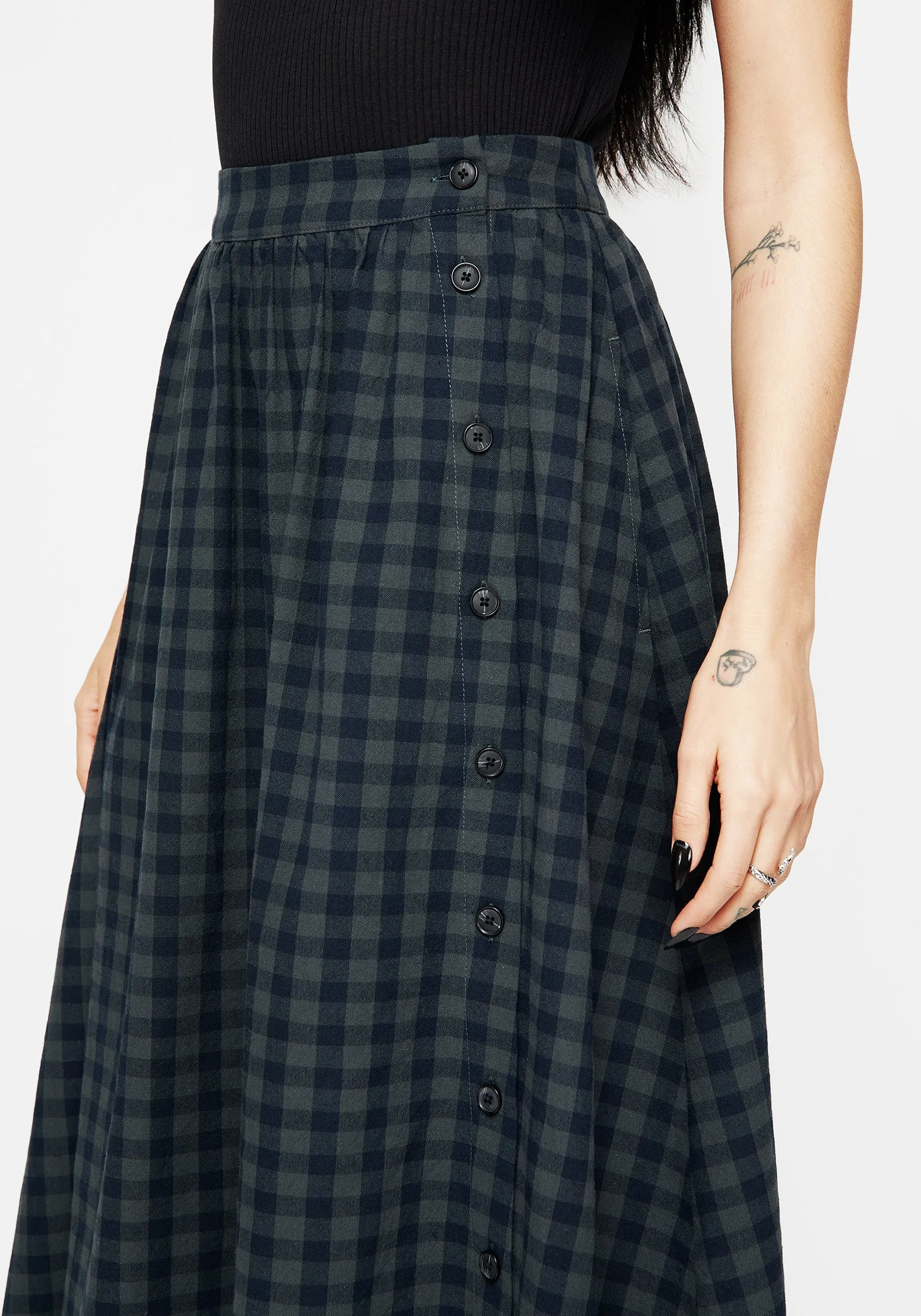 Ventilated Panels Jeannie Check Cotton Button Up Midaxi Skirt