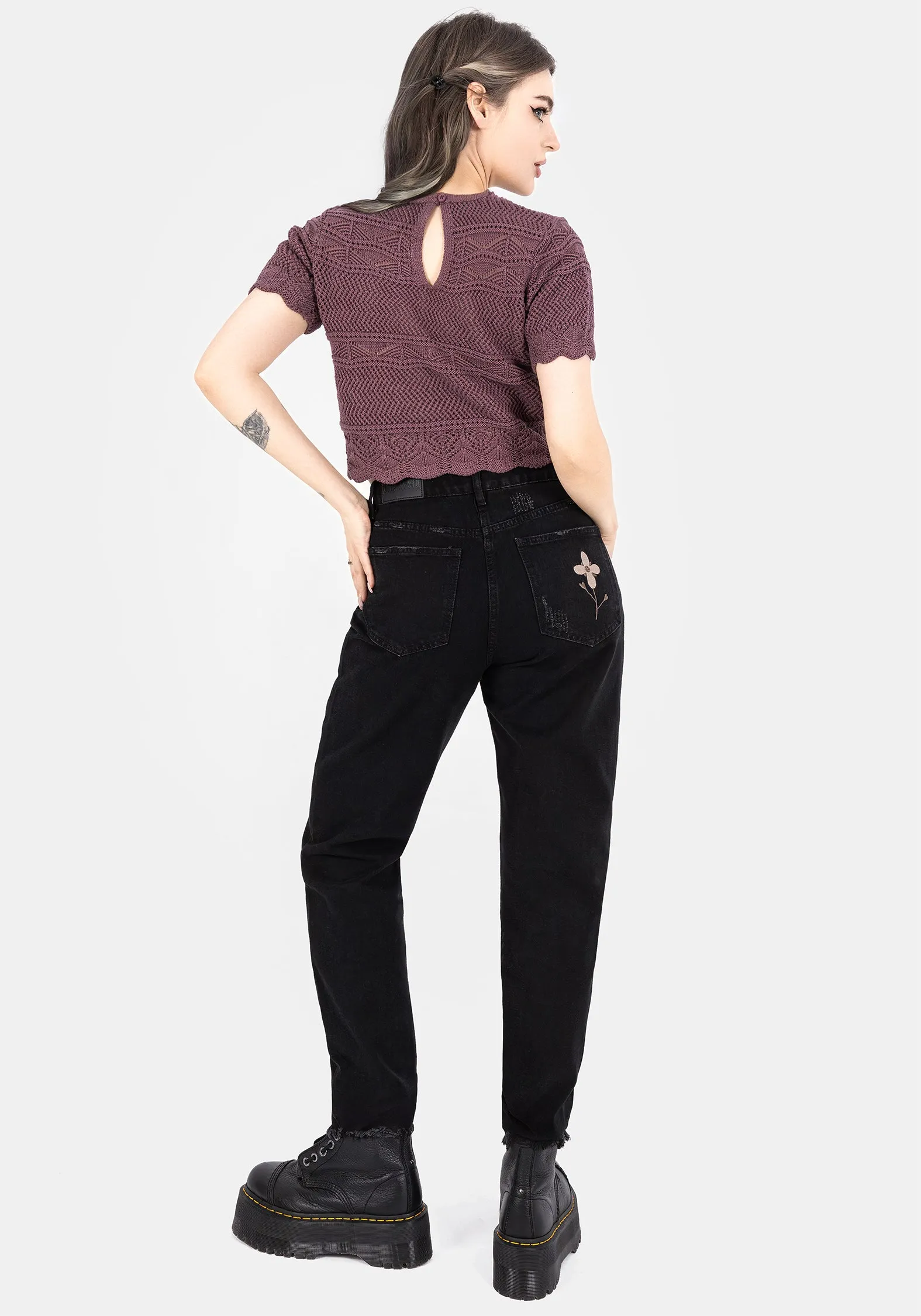 Hooked Pointelle Short Sleeve Crop Top - Purple Machine washable Lightweight Layer