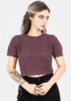 Subtle Details Seam Free Hooked Pointelle Short Sleeve Crop Top - Purple