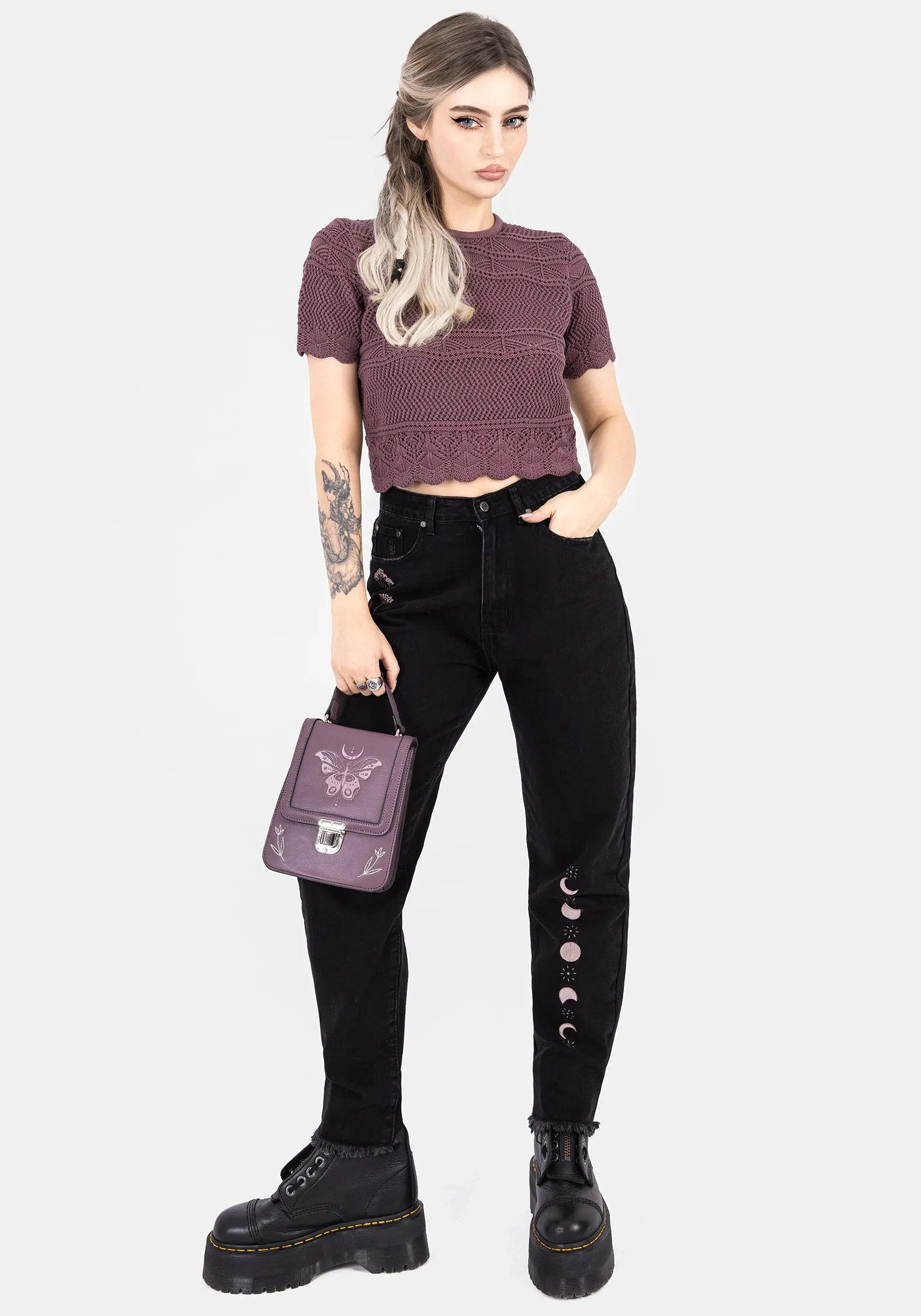 Hooked Pointelle Short Sleeve Crop Top - Purple Work Friendly