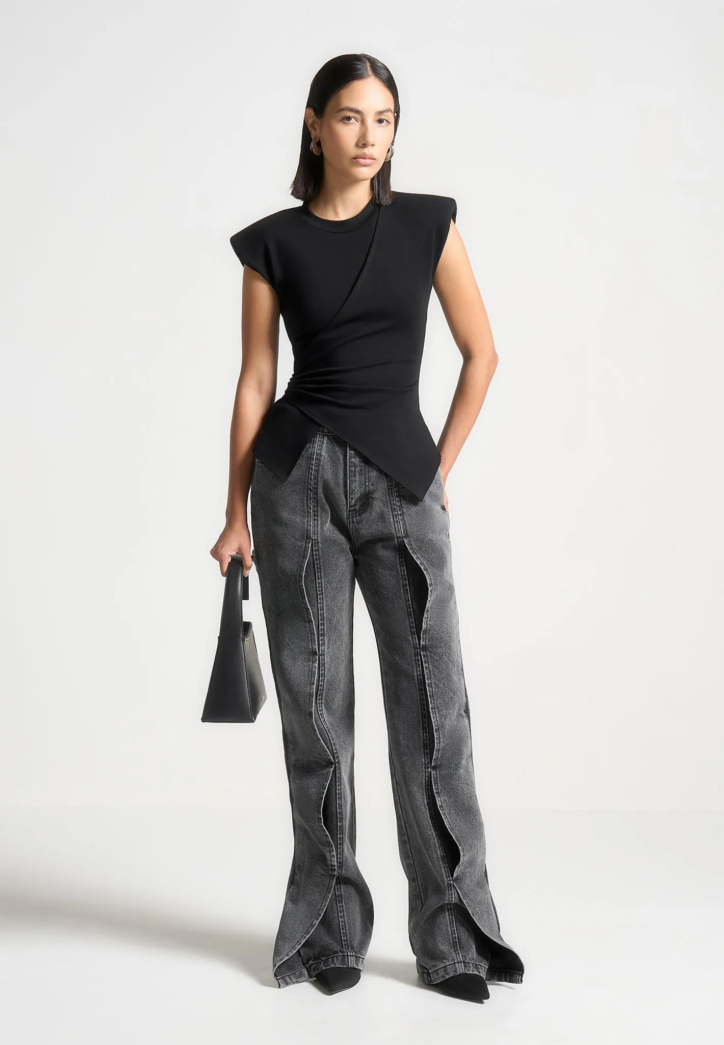 Wide Shoulder Ruched Waist Top - Black Thermal Regulation Layer Casual Essential