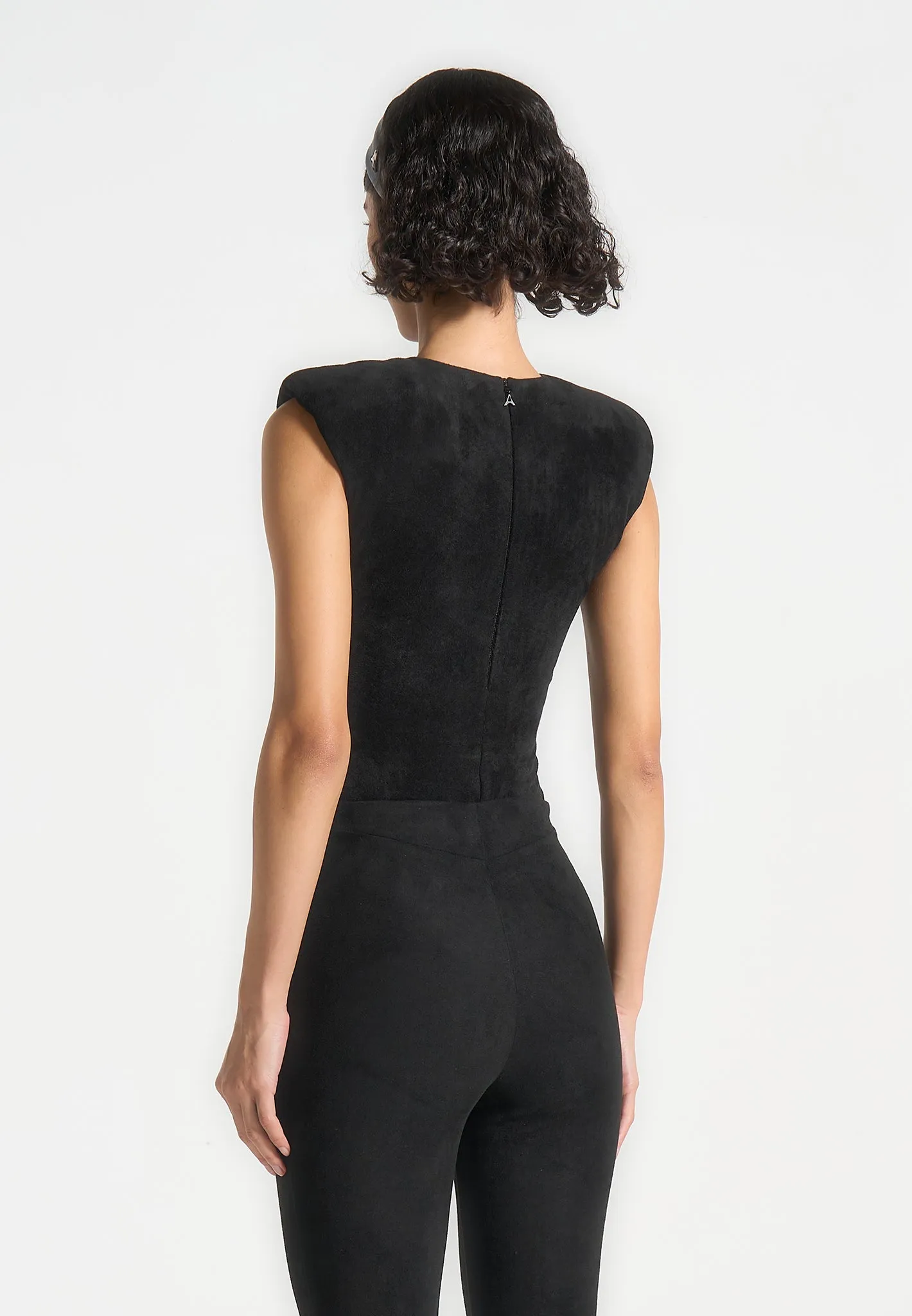 Wide Shoulder Suede Bodysuit - Black Fur combination Effortless Layer
