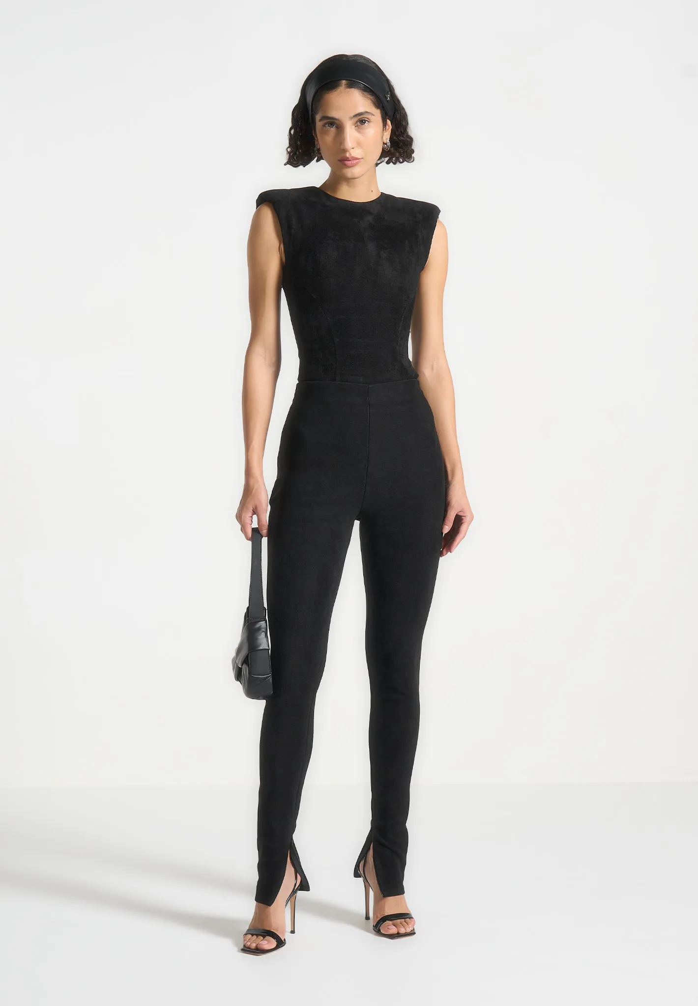 Wide Shoulder Suede Bodysuit - Black GentleWashResistance