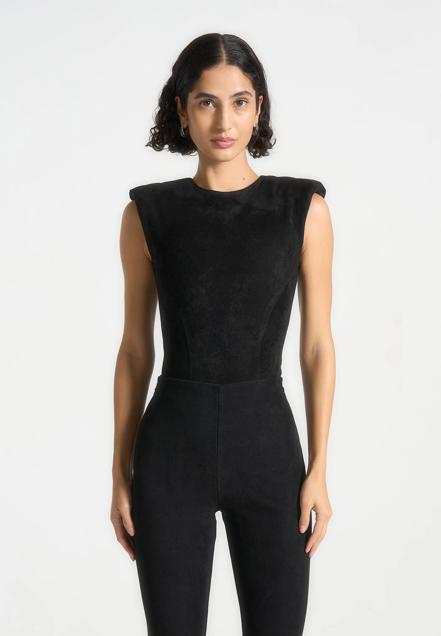 Wide Shoulder Suede Bodysuit - Black Classic Outfit Classic Style Trend