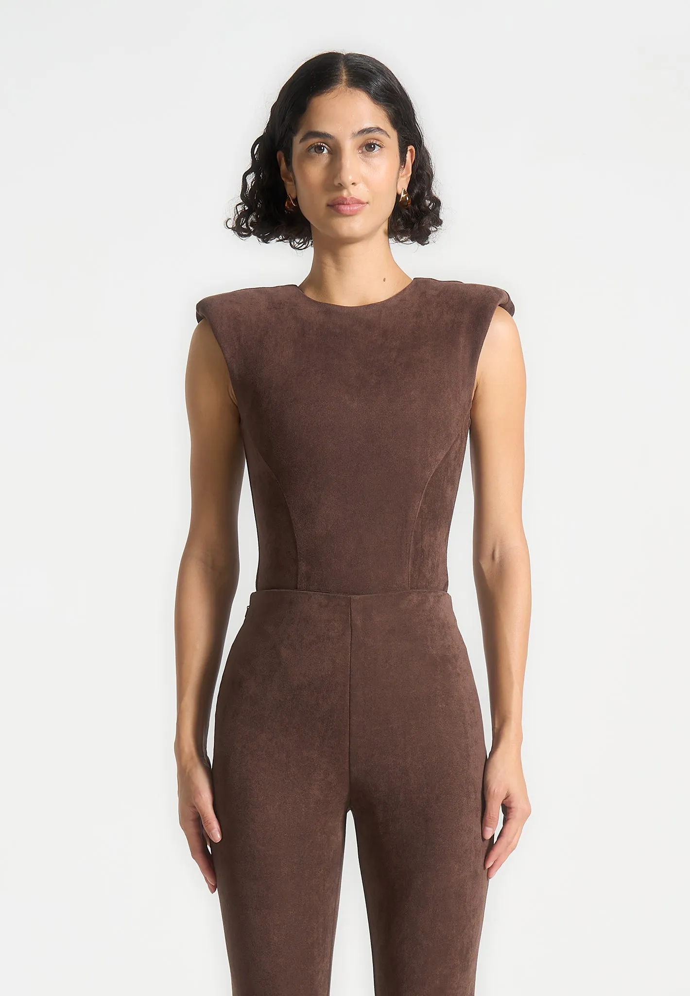 Odor Resistant Material Wide Shoulder Suede Bodysuit - Brown