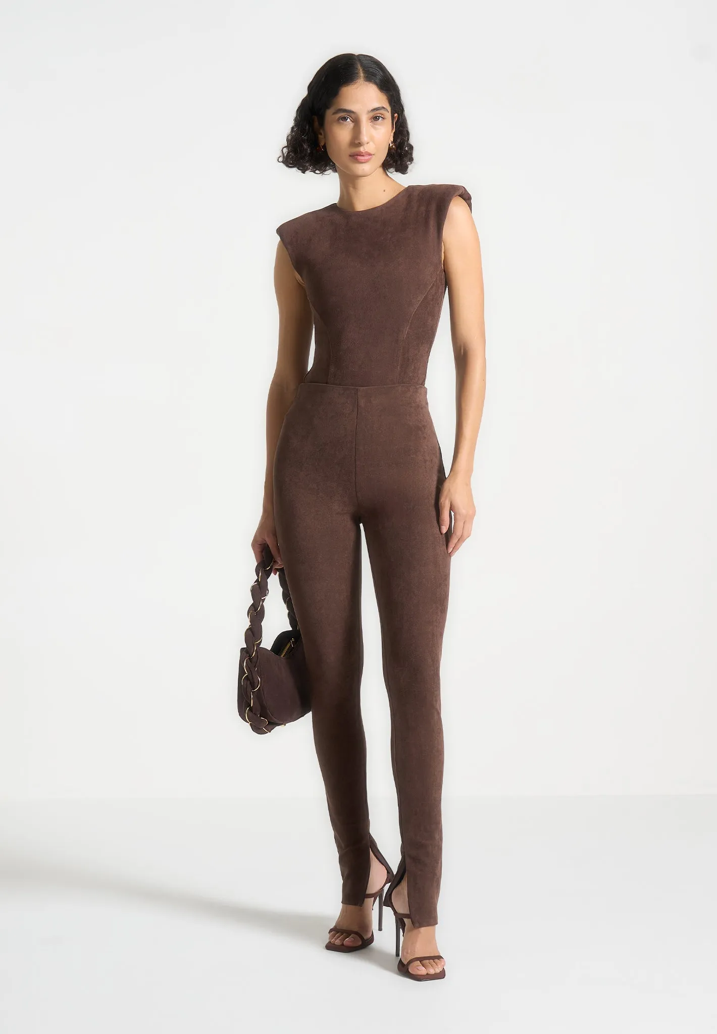 Wide Shoulder Suede Bodysuit - Brown graduation Business Meeting