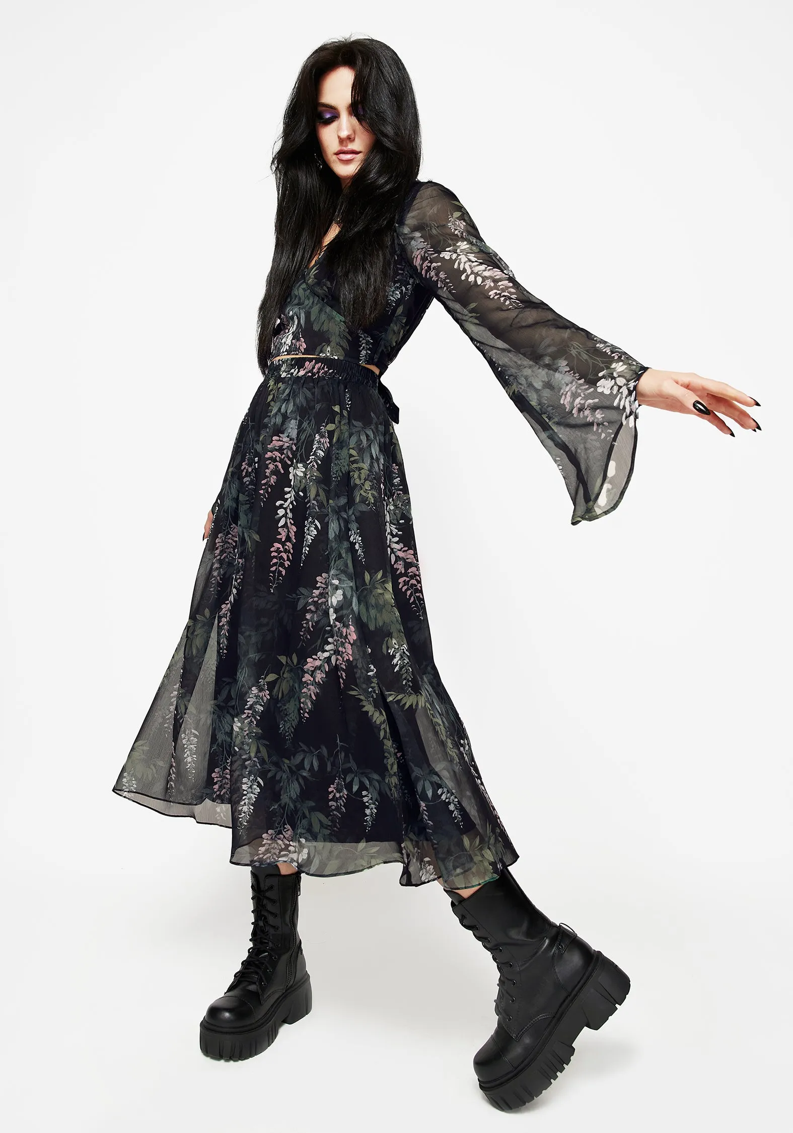 Wisteria Floral Print Chiffon Midi Skirt Easy Layer Tapered Cut