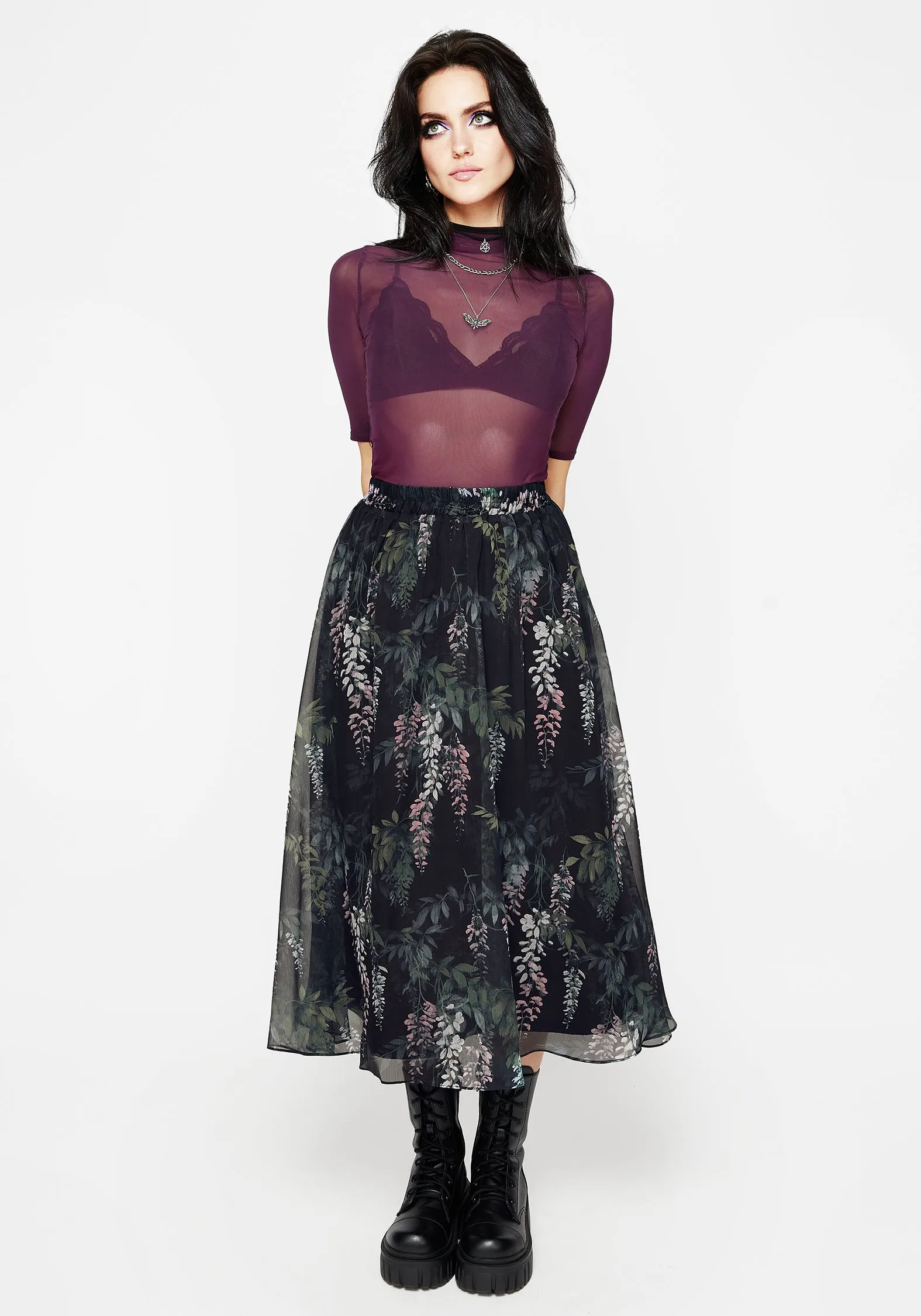 Wisteria Floral Print Chiffon Midi Skirt Balanced Outfit