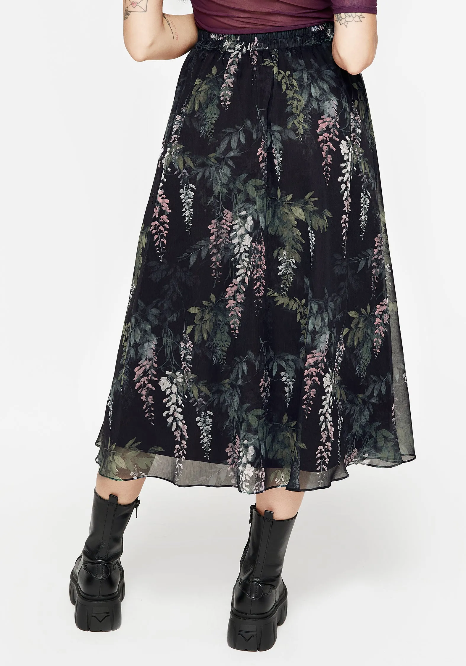 Wisteria Floral Print Chiffon Midi Skirt Quick Wash