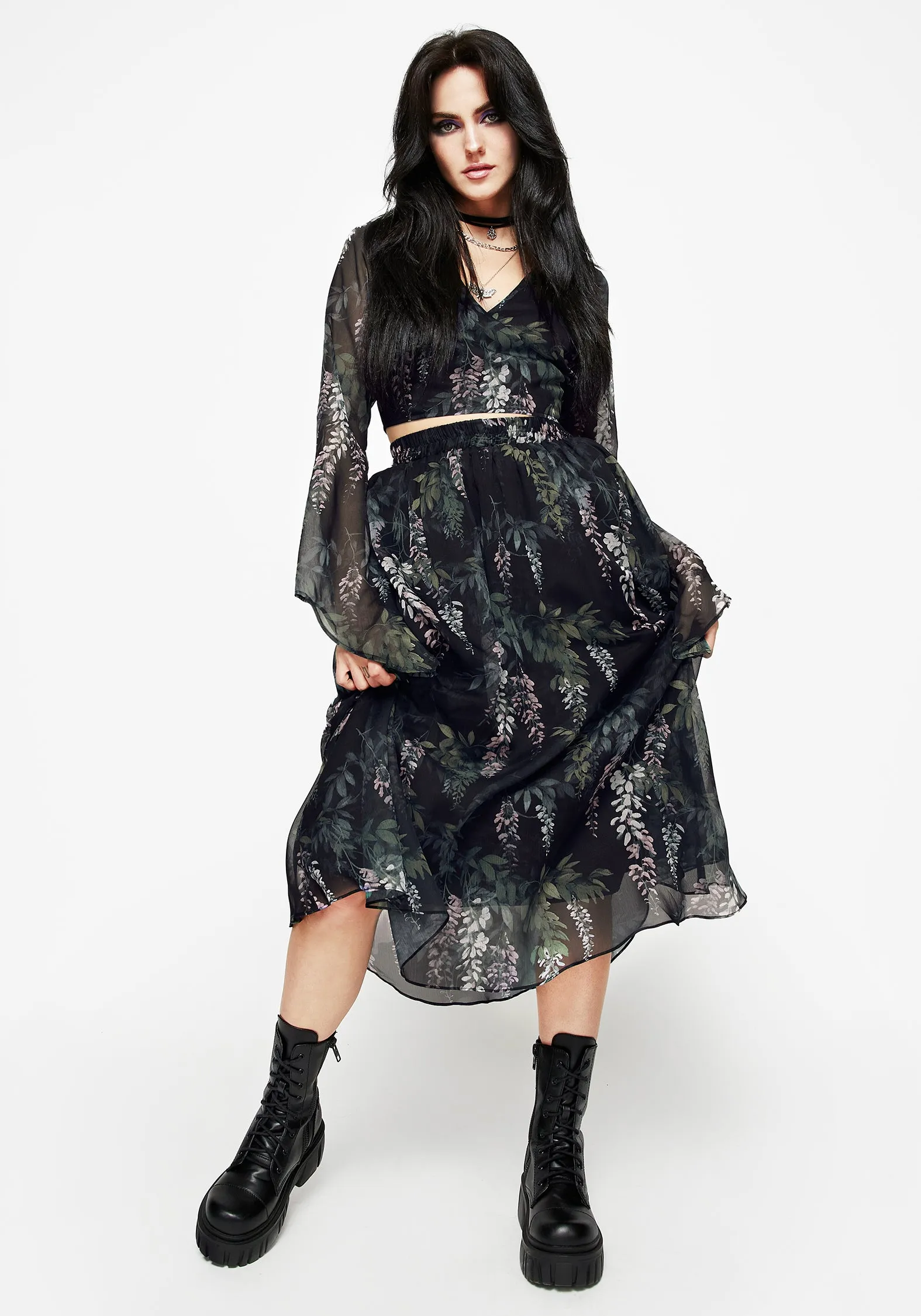 High Shine Wisteria Floral Print Chiffon Midi Skirt
