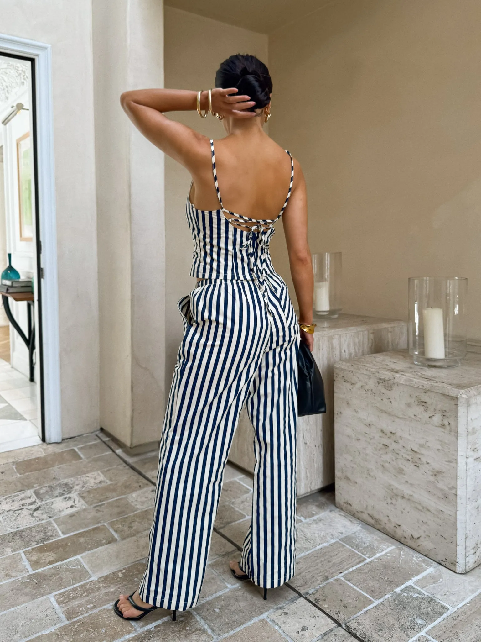 Interlock Ribbed Collar MultiDirectional Stretch With Love Stripe Wide Leg Pants - Final Sale