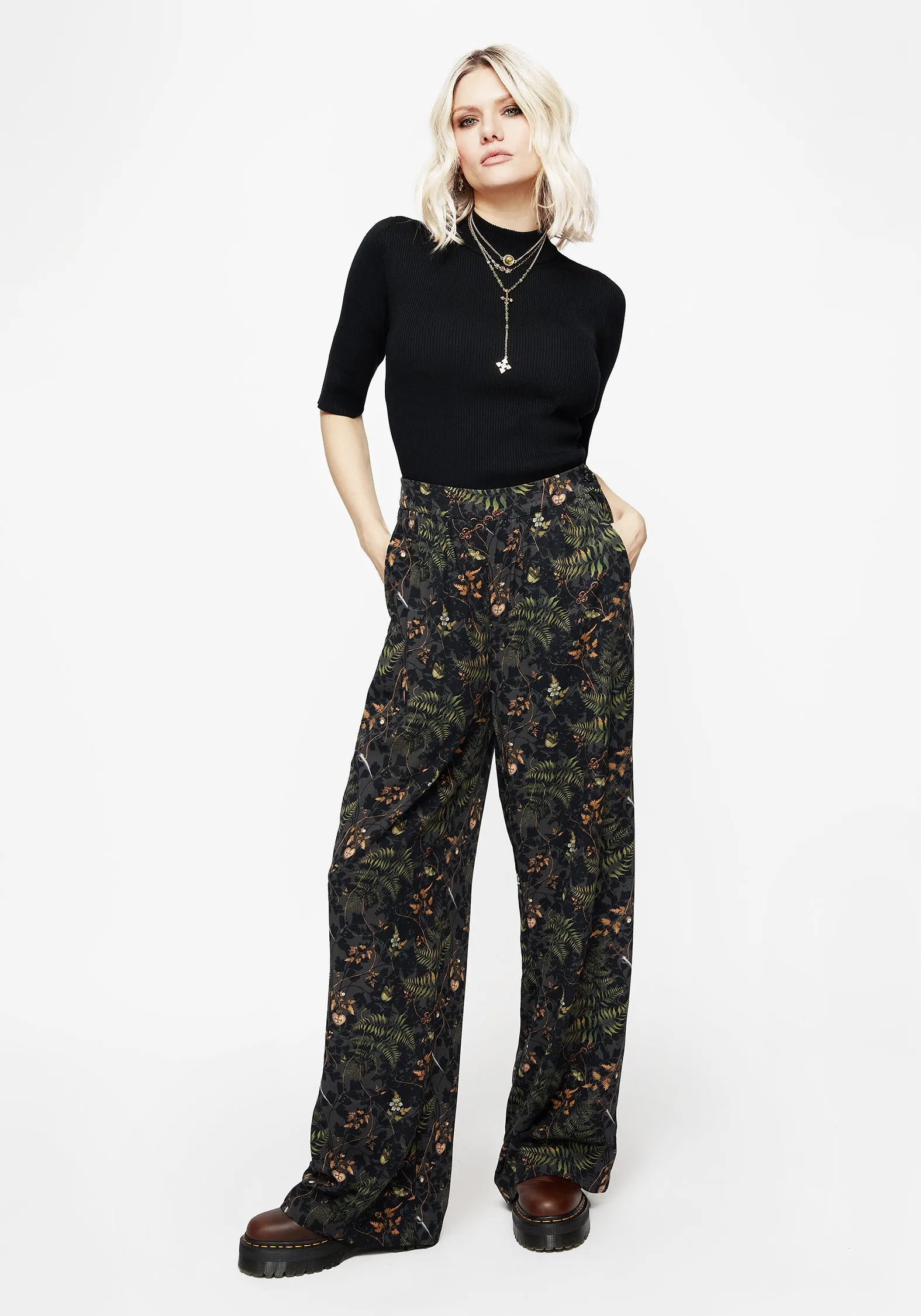 Stretch Fabric Wither Fern Print Wide Leg Trousers