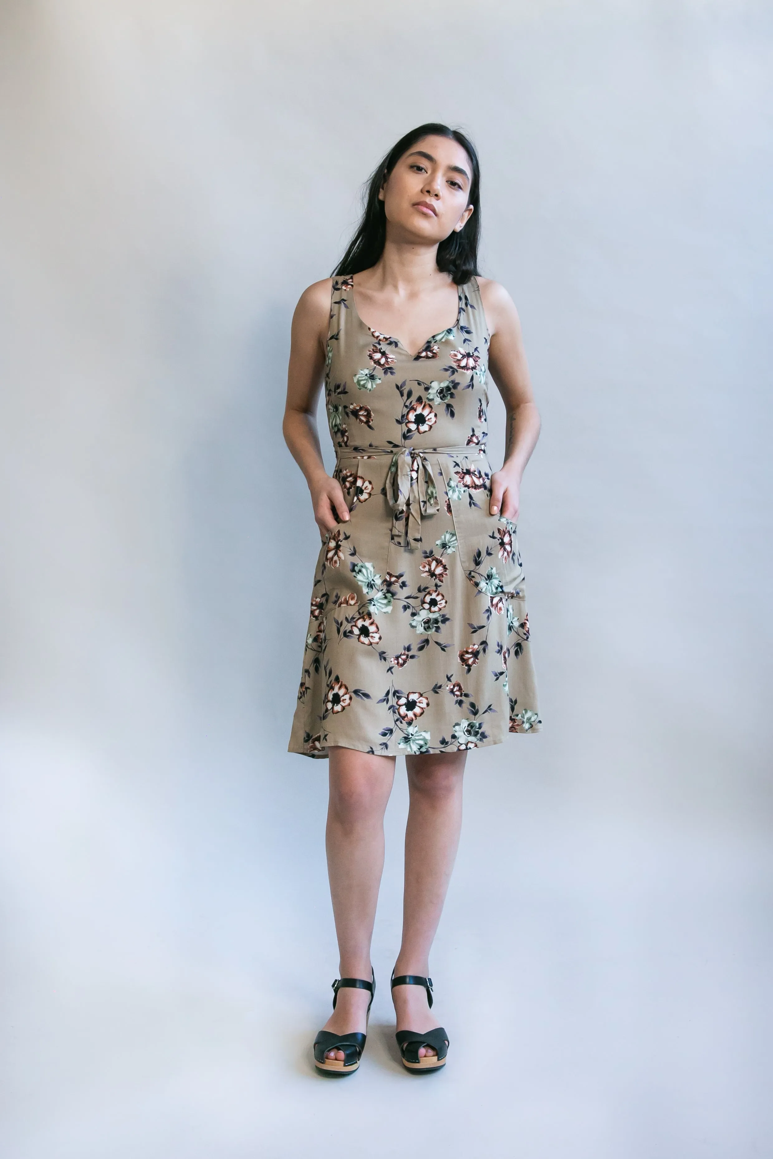 Floor-Length High Neck Wrap Dress in Taupe Floral