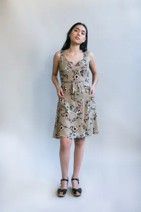 Floor-Length High Neck Wrap Dress in Taupe Floral