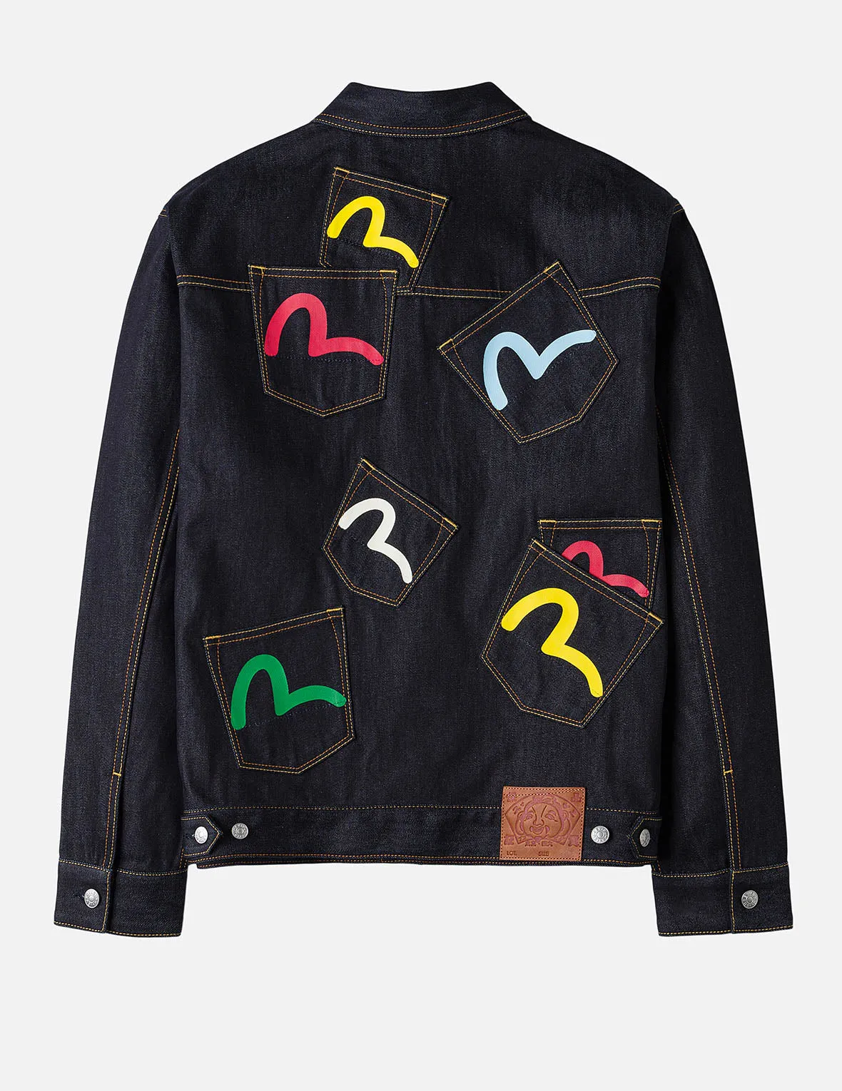 Zero Waste Production Label LayeredNeckline Seagull Print and Multi-Pocket Relax Fit Denim Jacket