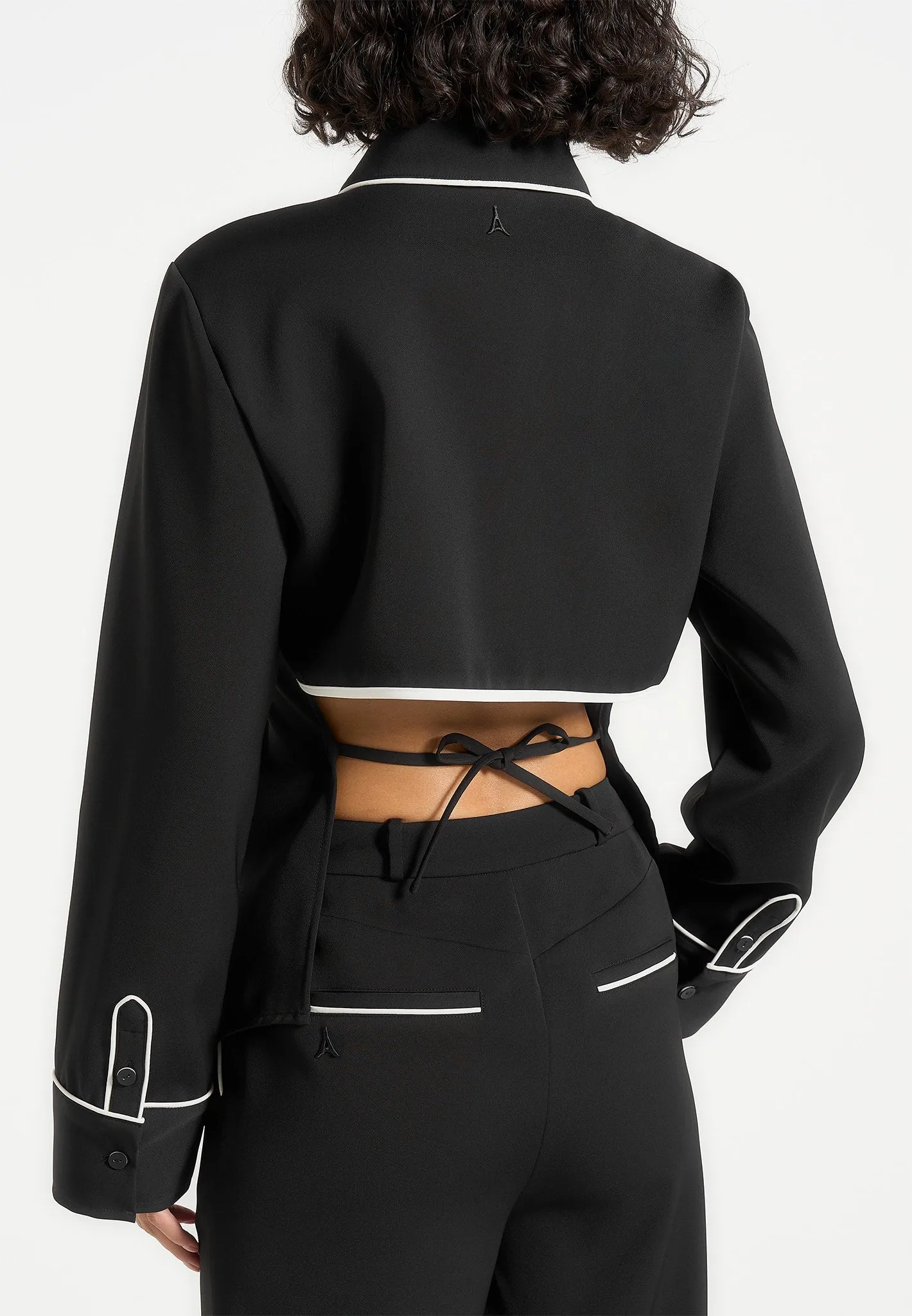 Contrast Piped Backless Tie Shirt - Black/White Lightweight Material