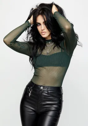 Lucille Long Sleeve Mesh Body - Evergreen Relaxed Look Lightweight Weave Material