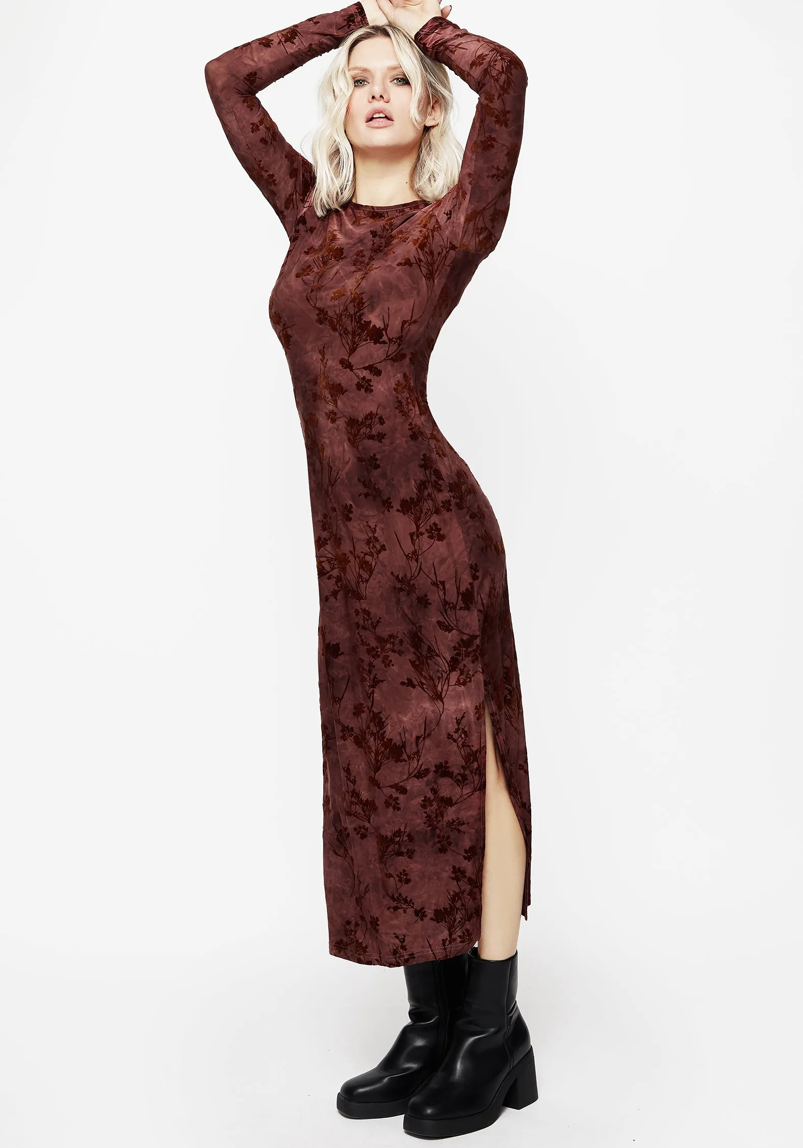 Wytchelm Flocked Velour Midaxi Dress - Red Sunset Scene Modern Staple