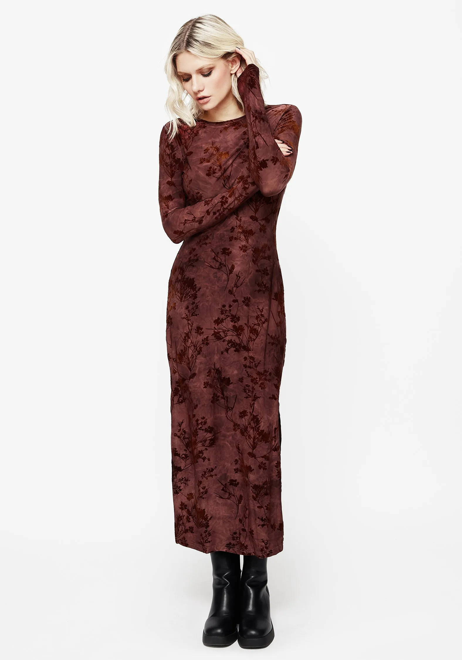 Wytchelm Flocked Velour Midaxi Dress - Red Artistic Edge Elegant Mood