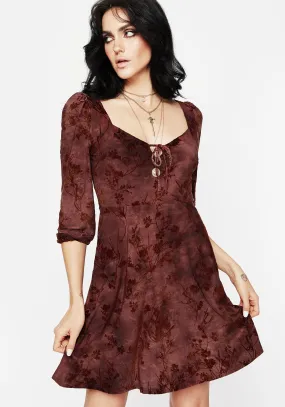 Wytchelm Floral Flocked Velour Mini Dress - Red Sheer Panel Insertion