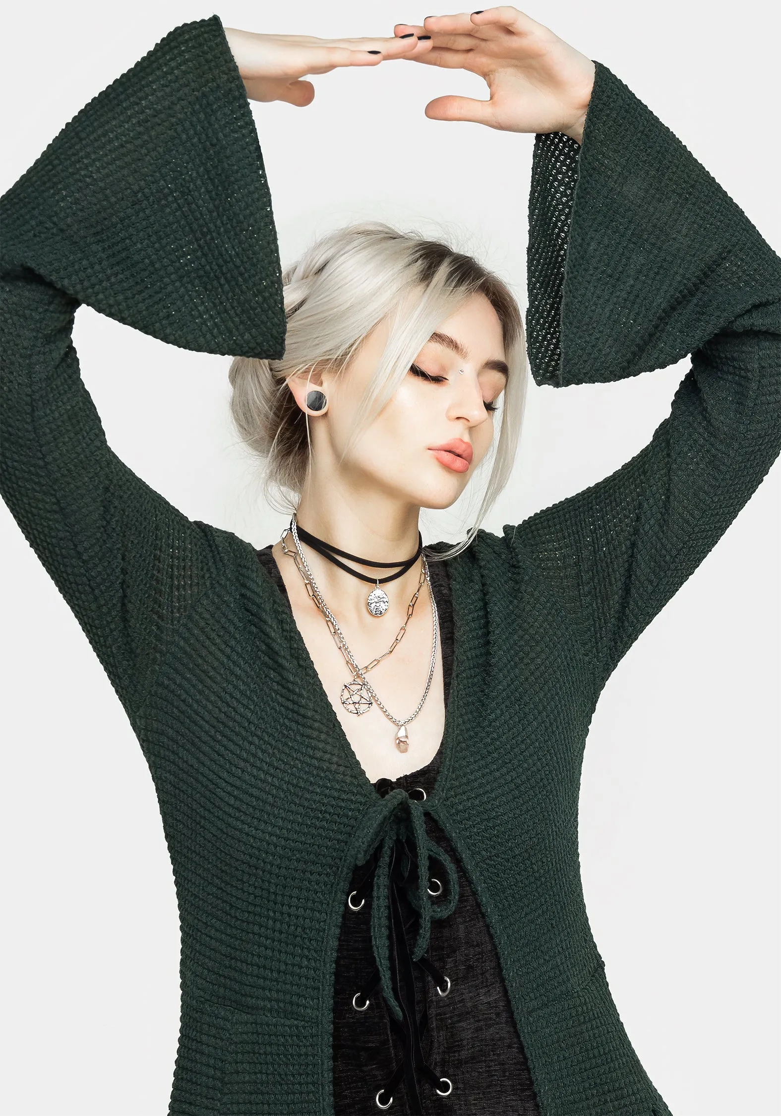 Versatile Comforted Stylish Staple Xana Textured Tie Front Long Cardigan - Green