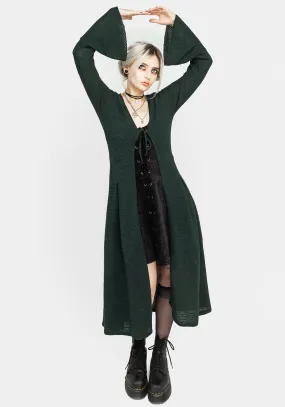 High Collar Protection Design AntiStaticInnerLining Xana Textured Tie Front Long Cardigan - Green