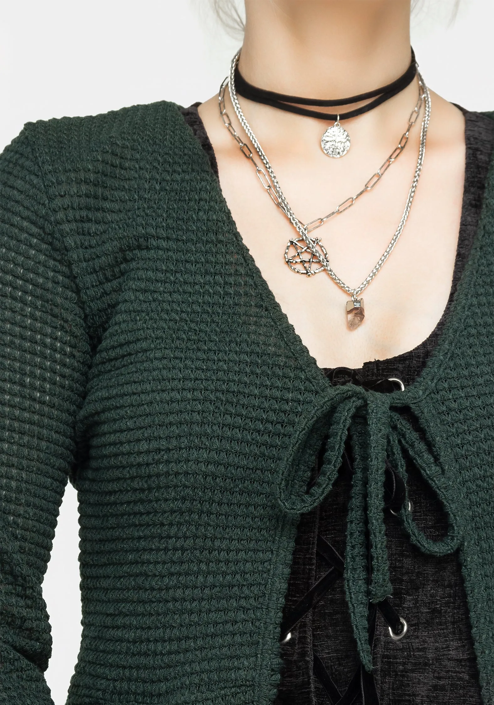 Xana Textured Tie Front Long Cardigan - Green AntiSnag Fabric