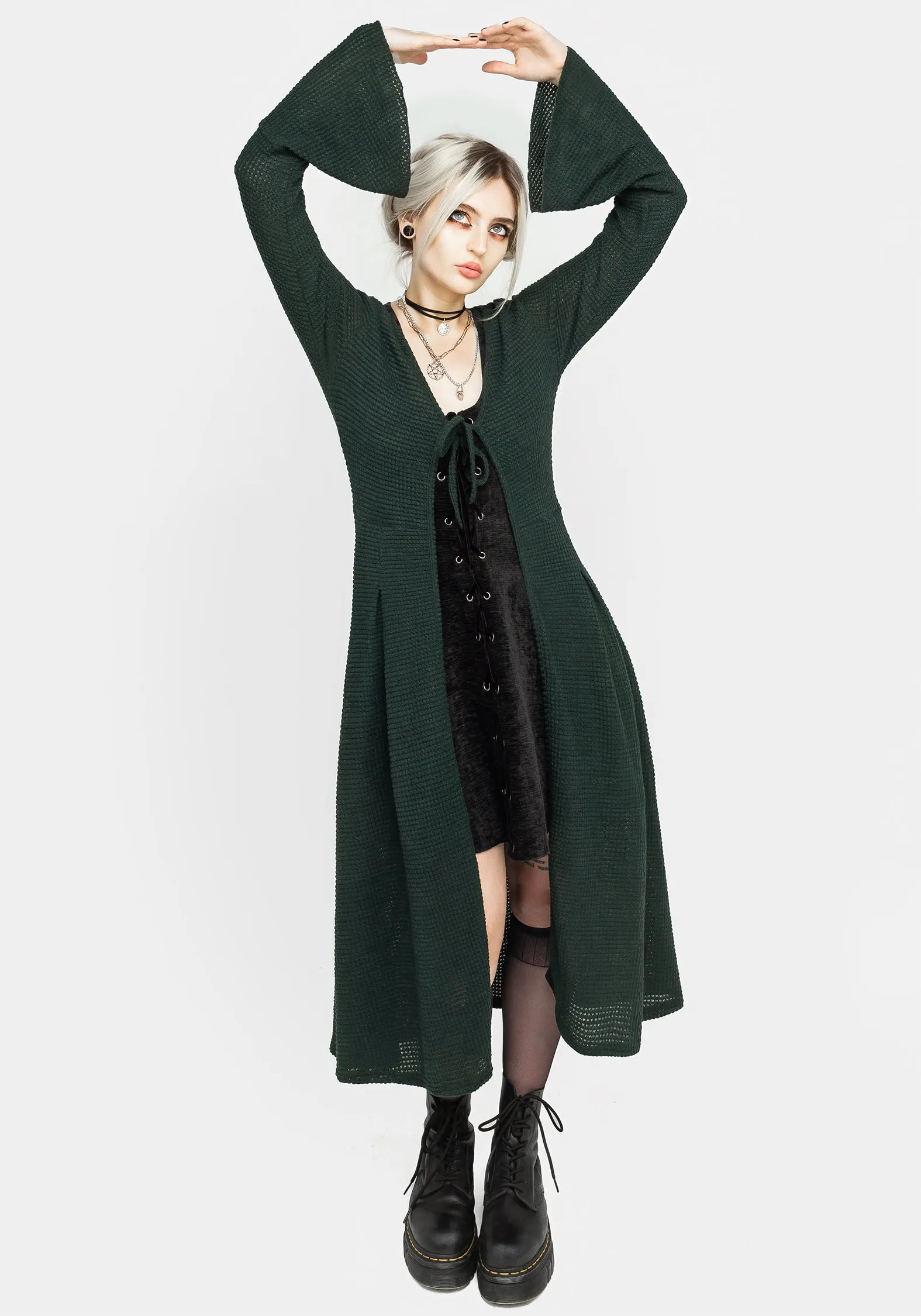 Xana Textured Tie Front Long Cardigan - Green Biodegradable Fiber Construction