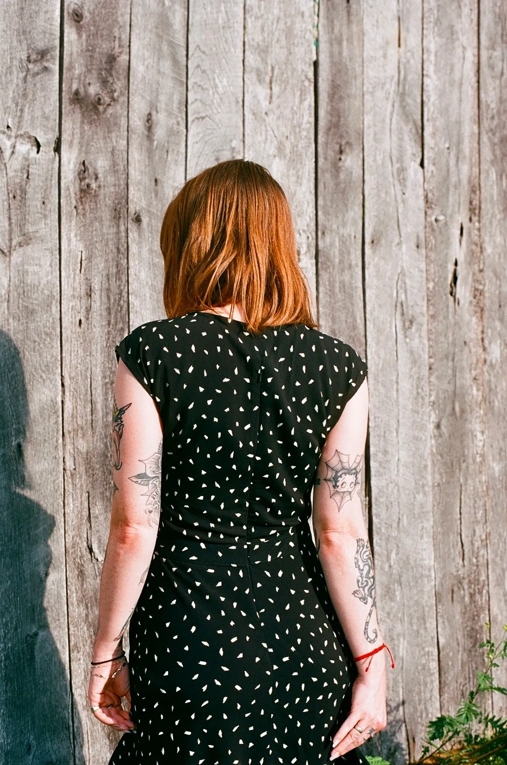 Xena Dress in Black Abstract Dot Tailored Style