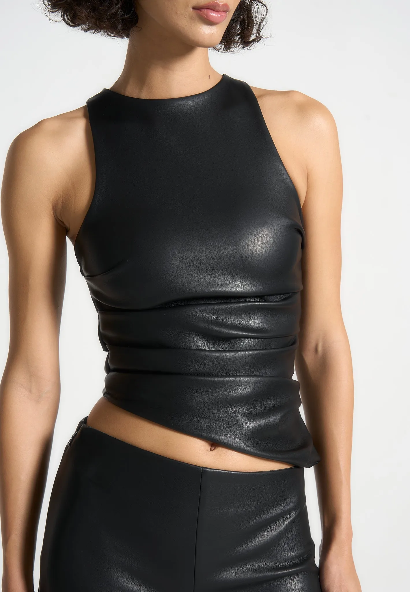 Versatile Comfort Yolande - Leather Asymmetric Tacked Racer Top - Black