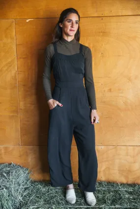Wrinklefree Yolked Juniper Jumpsuit in Black Brushed Cotton