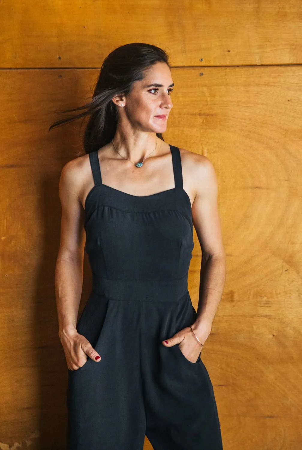 Flexible Use Sporty Comfort Fit Yolked Juniper Jumpsuit in Black Brushed Cotton