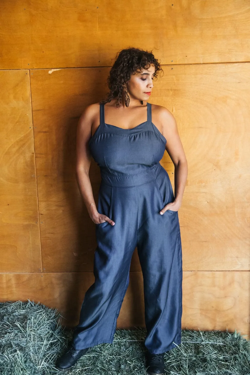 Yolked Juniper Jumpsuit in Denim Tencel GussetedCrotch DurablePolyester