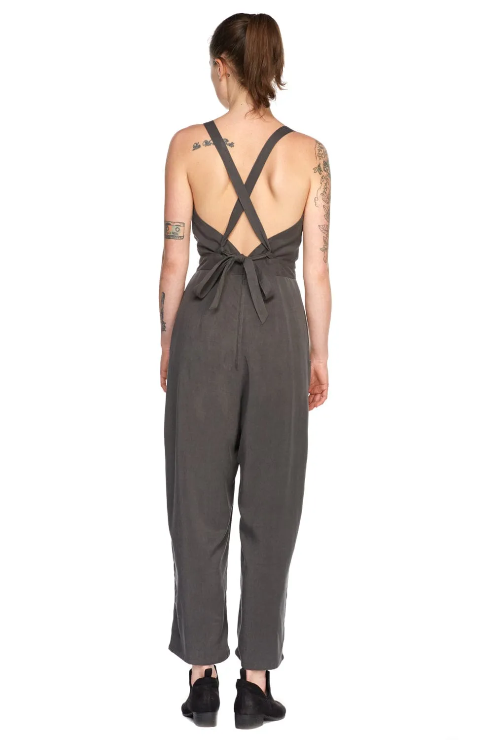 Yolked Juniper Jumpsuit in Olive Tencel Rubberized Hem