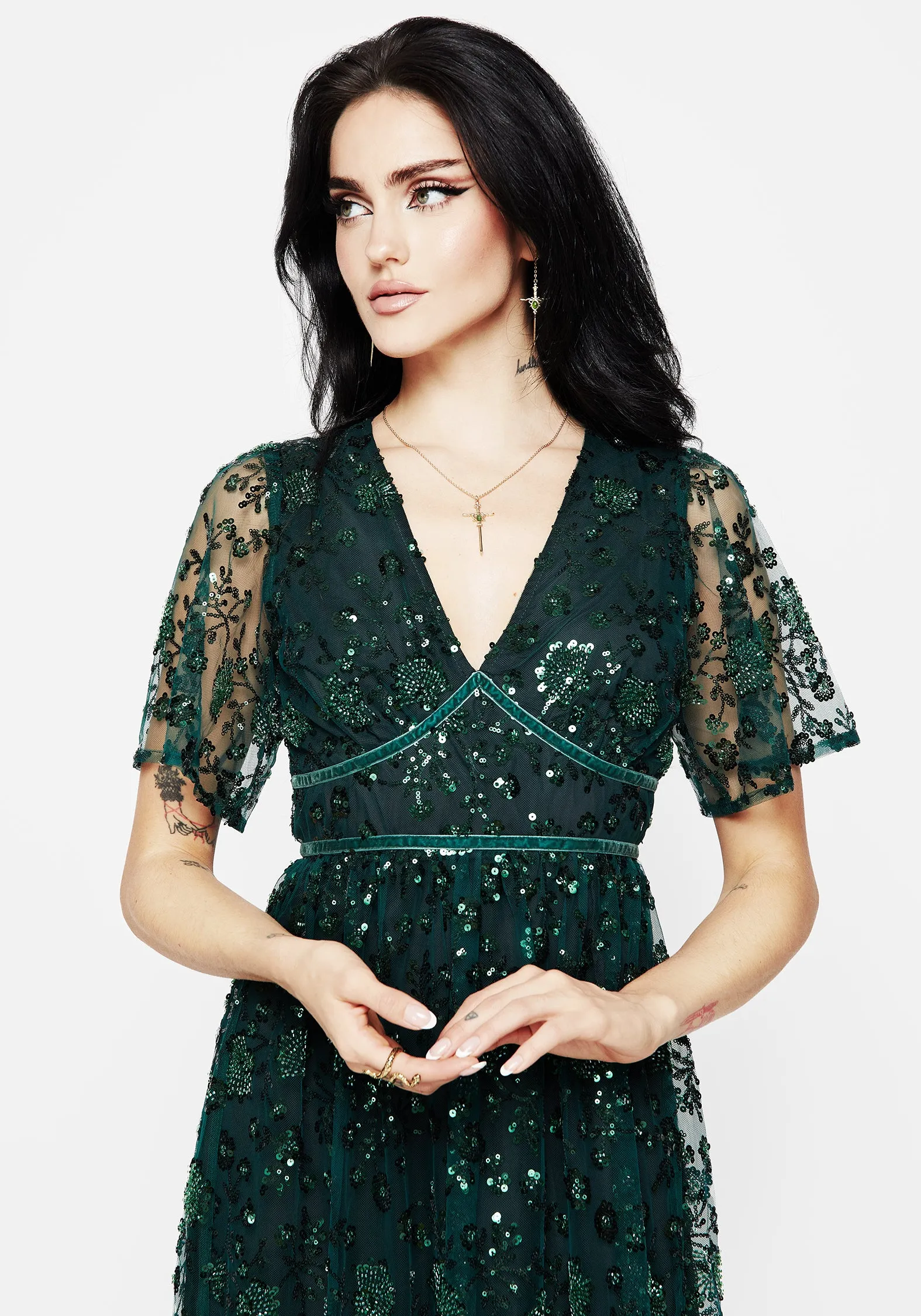 Glimmer Embroidered Sequin Lace Angel Sleeve Midaxi Dress Desert Glow
