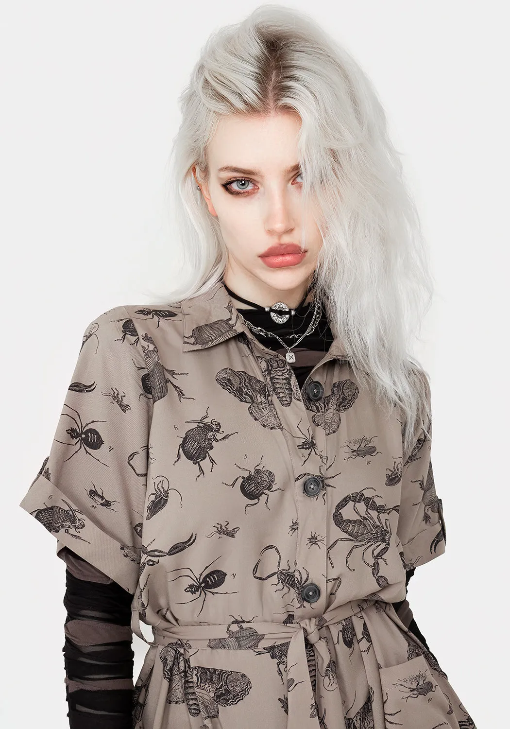 Parasite Bugs Print Mini Short Sleeve Shirt Dress - Taupe Seasonal Mood Workwear Comfort