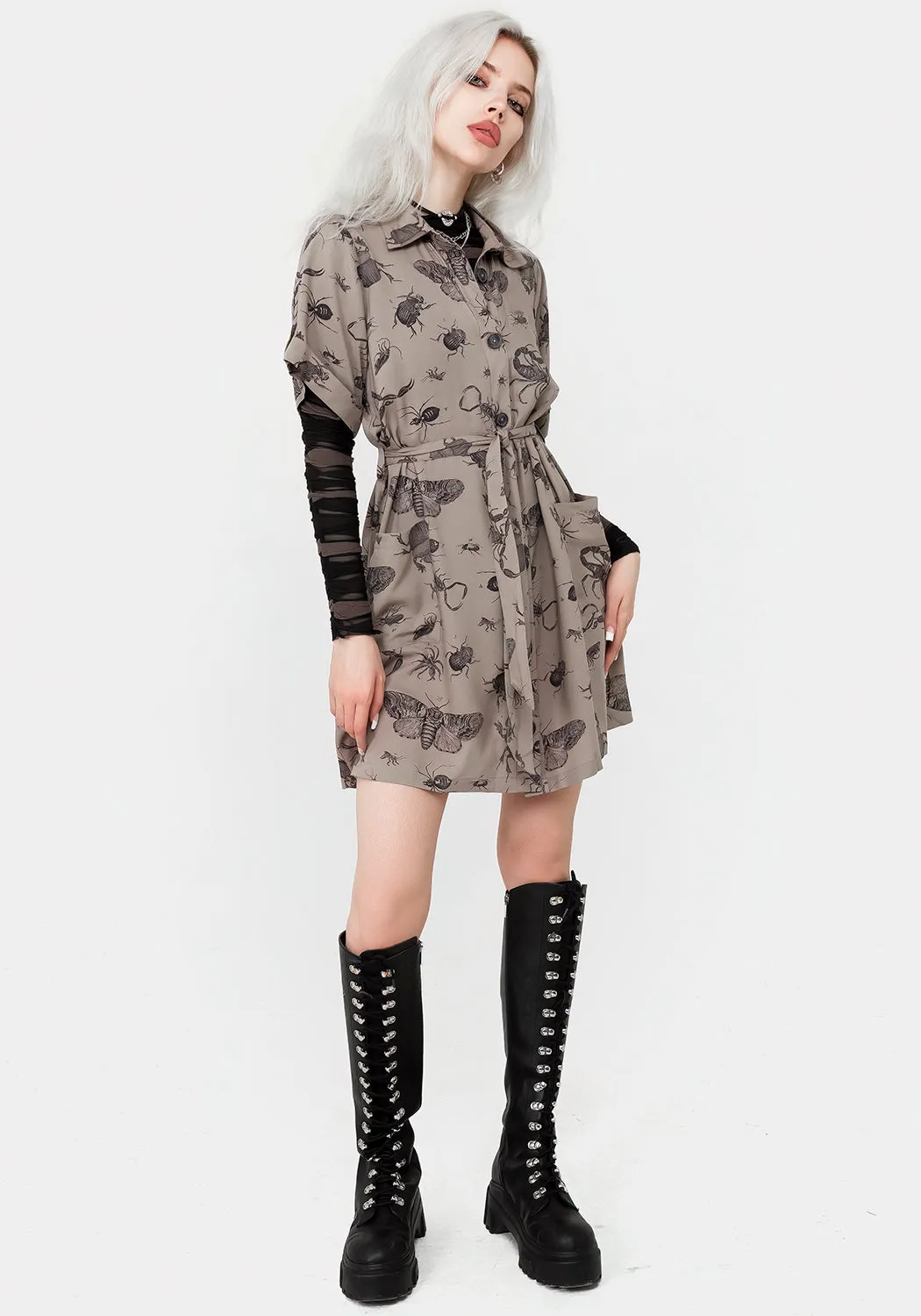 Slim Profile Parasite Bugs Print Mini Short Sleeve Shirt Dress - Taupe