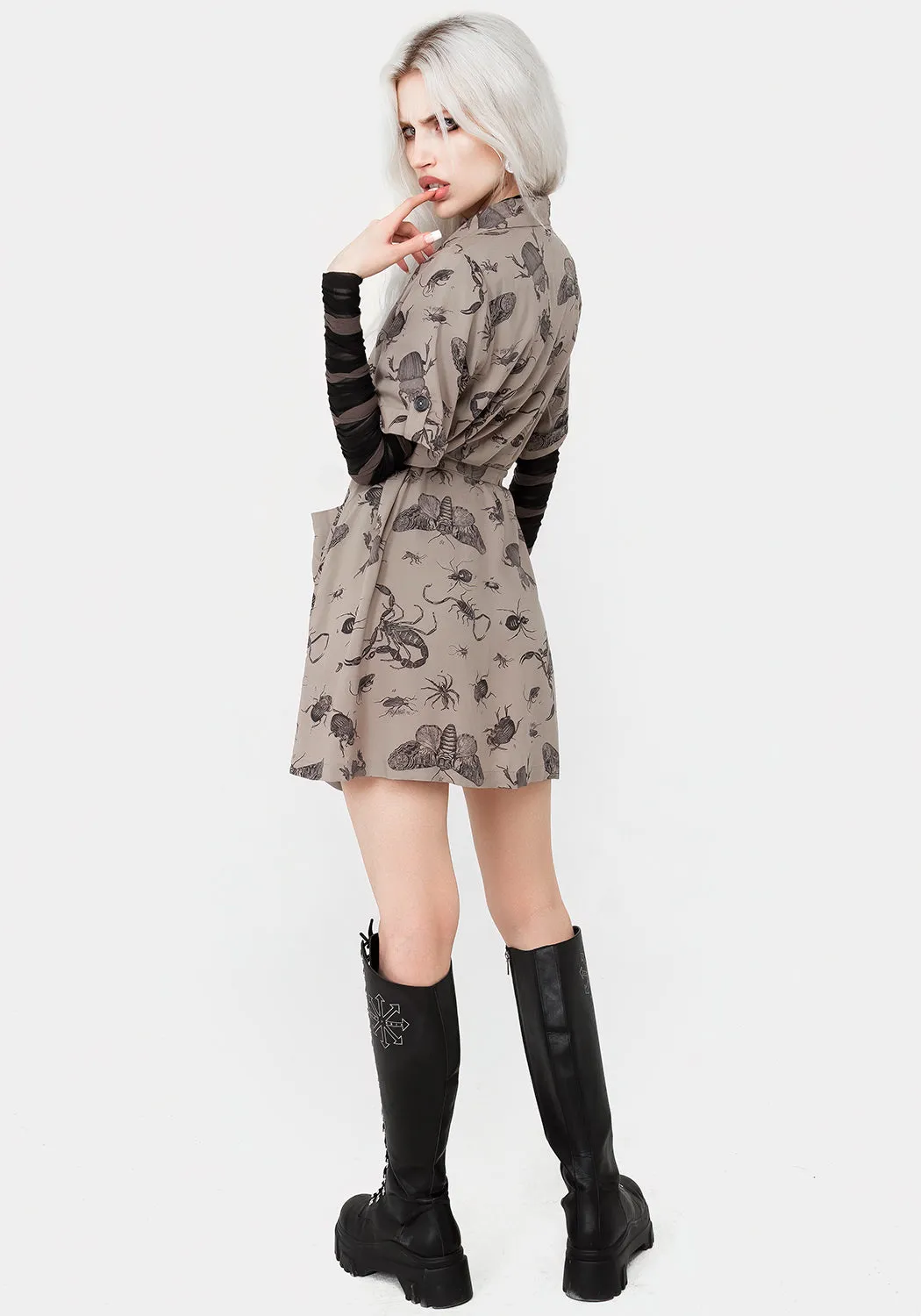 Parasite Bugs Print Mini Short Sleeve Shirt Dress - Taupe Sleek And Stylish Soft touch evening dress