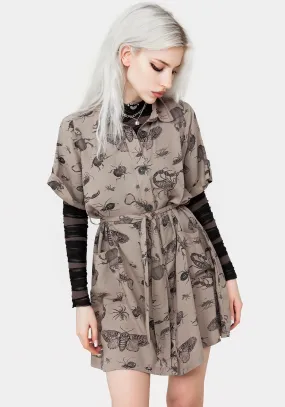 Curvy Love Parasite Bugs Print Mini Short Sleeve Shirt Dress - Taupe