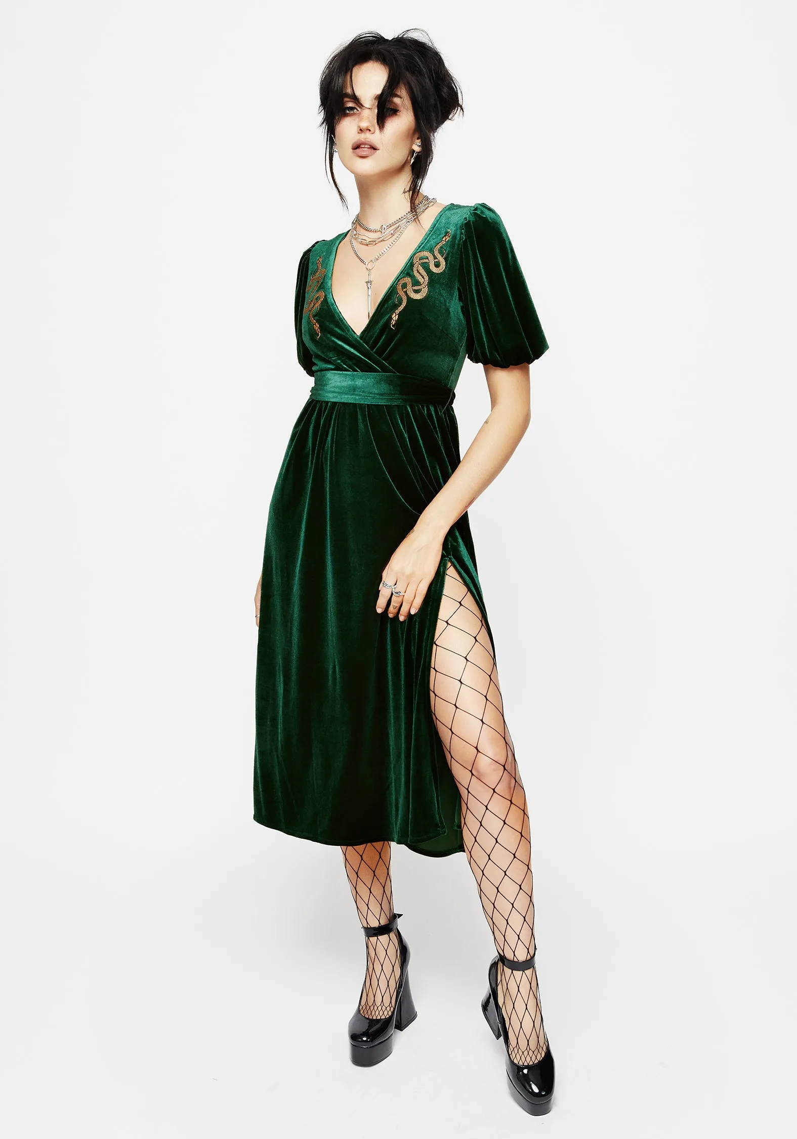 Elegant Vibe Zarina Velour Applique Midi Wrap Dress
