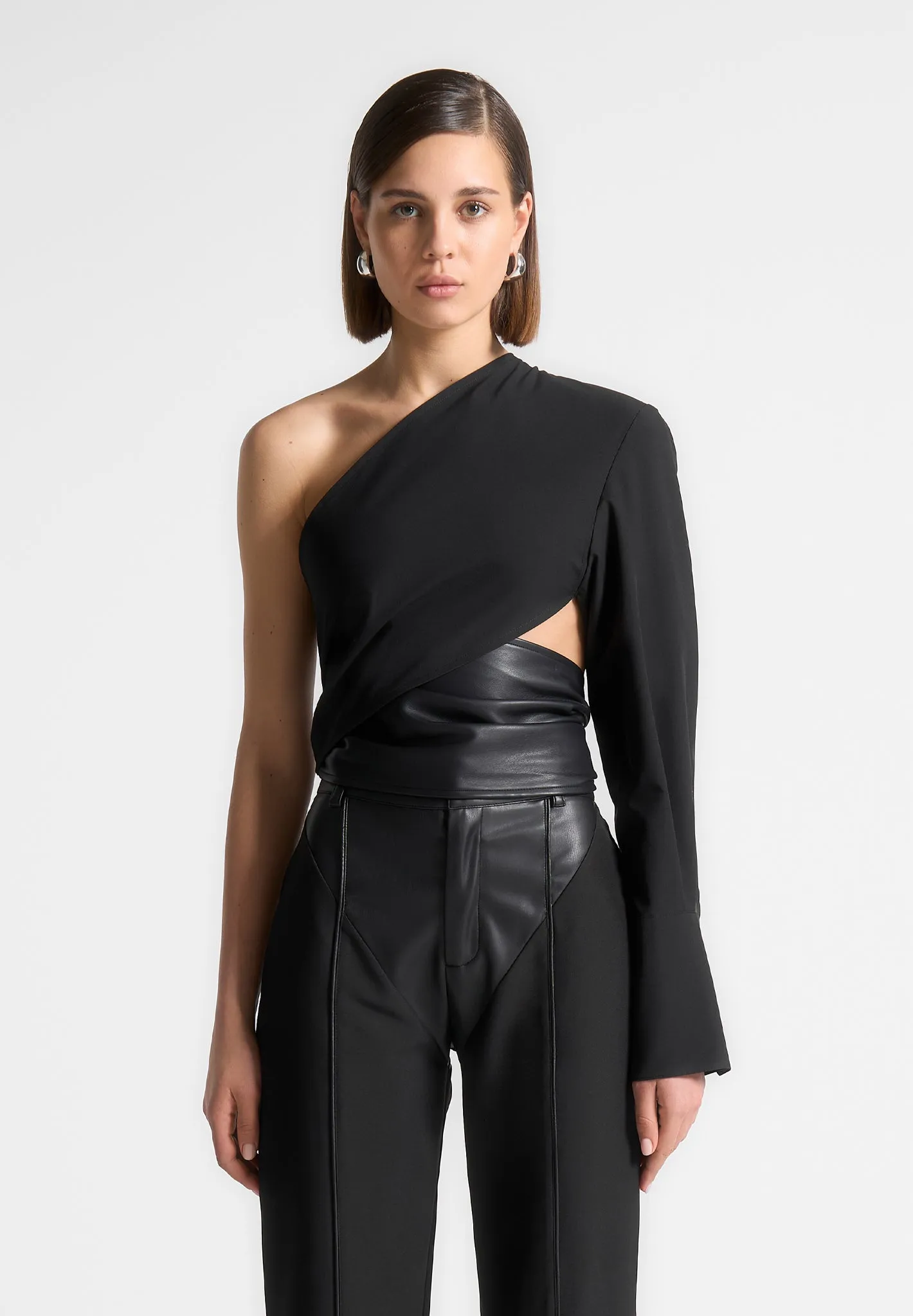 Coralie - One Sleeve Leather Wrap Top - Black Anti-pilling