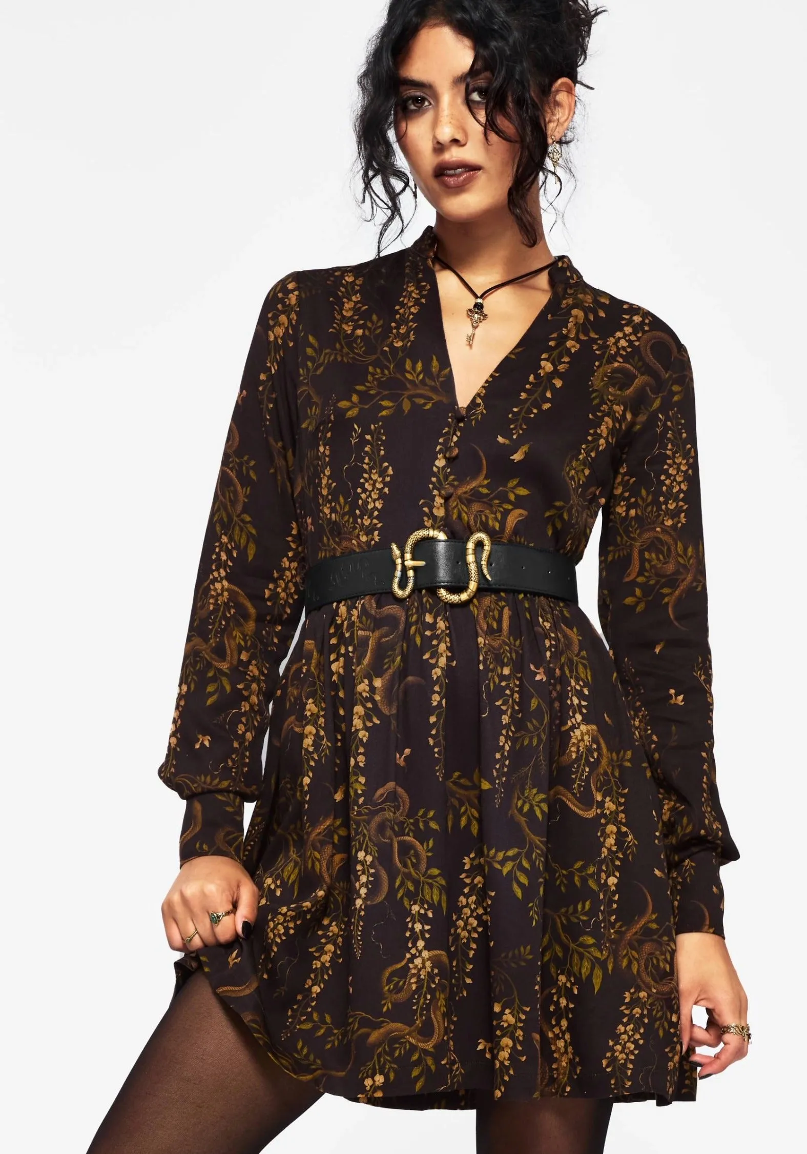 Flower Soft Chic boho dress Azazel Snake Printed Belted Mini Dress